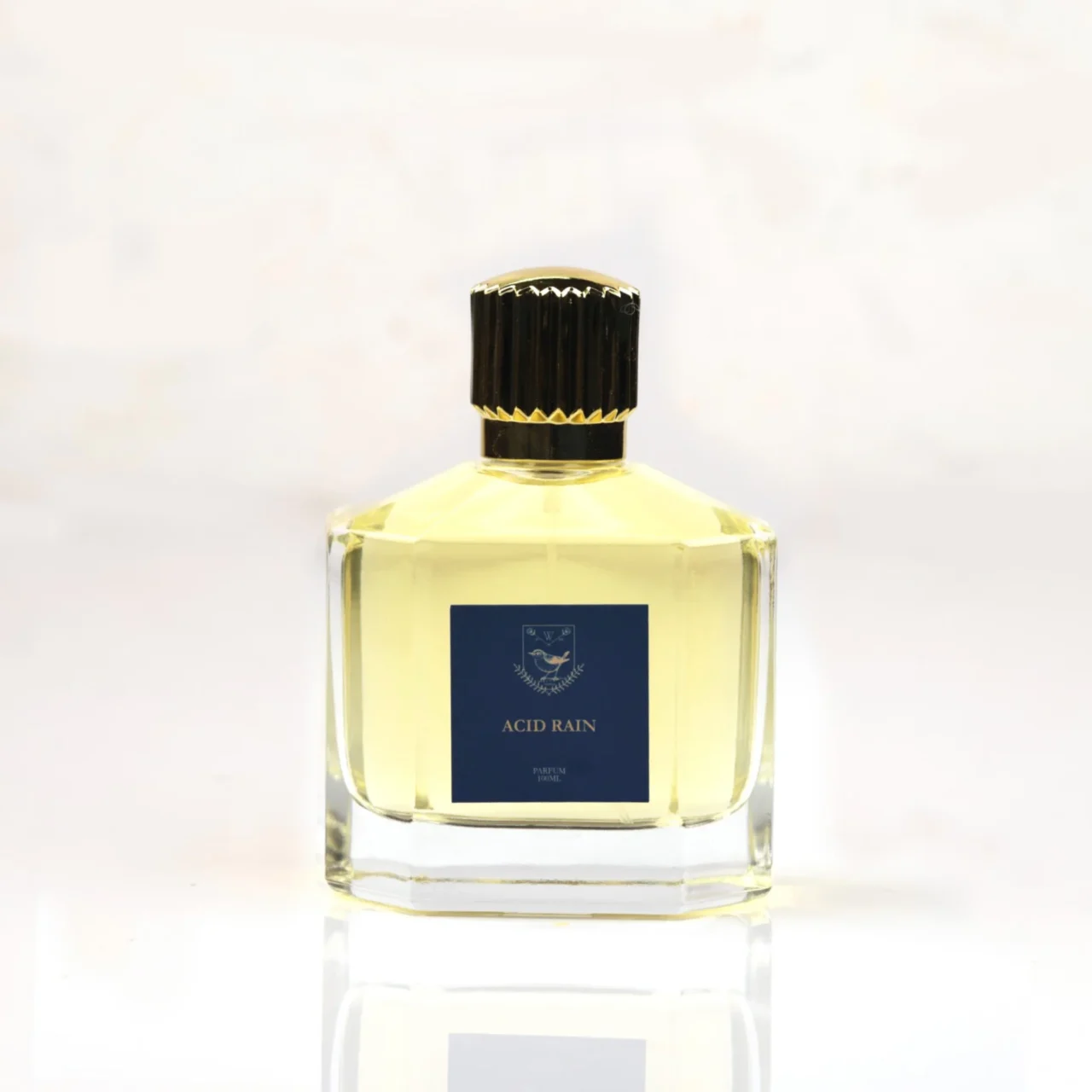 Close-up of a clear perfume bottle with a black ribbed cap and a blue label reading 'ACID RAIN'.