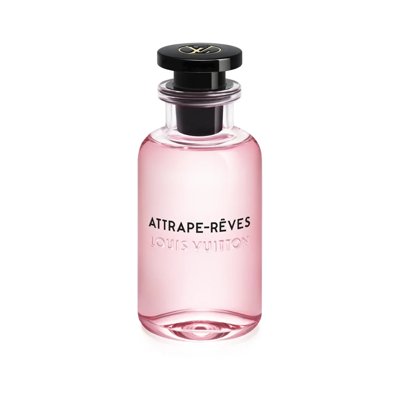 Louis Vuitton Attrape-Rêves perfume bottle with pink liquid and black cap, embossed branding on the glass