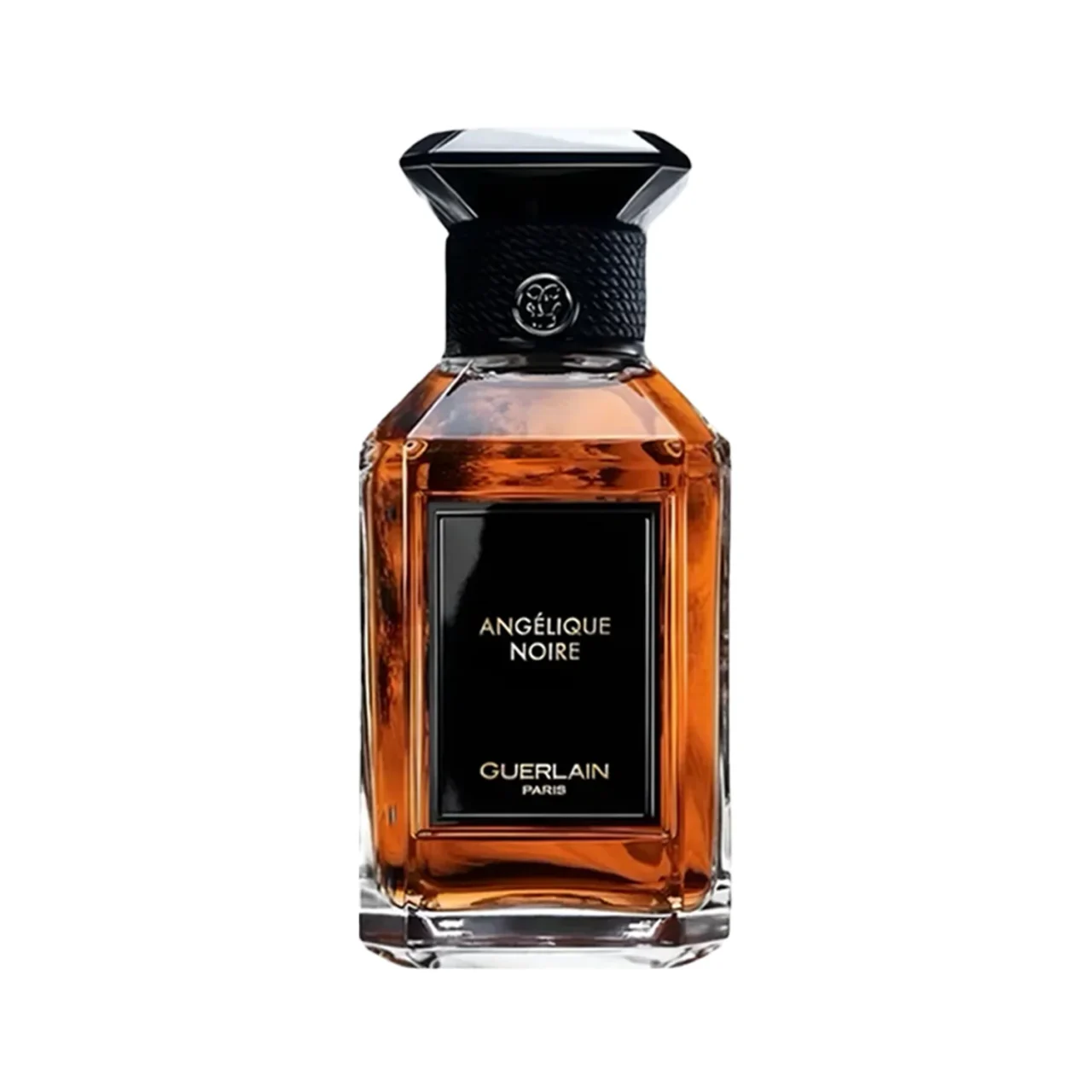 Guerlain Angélique Noire perfume bottle with amber liquid and a faceted crystal cap, black label on the front.
