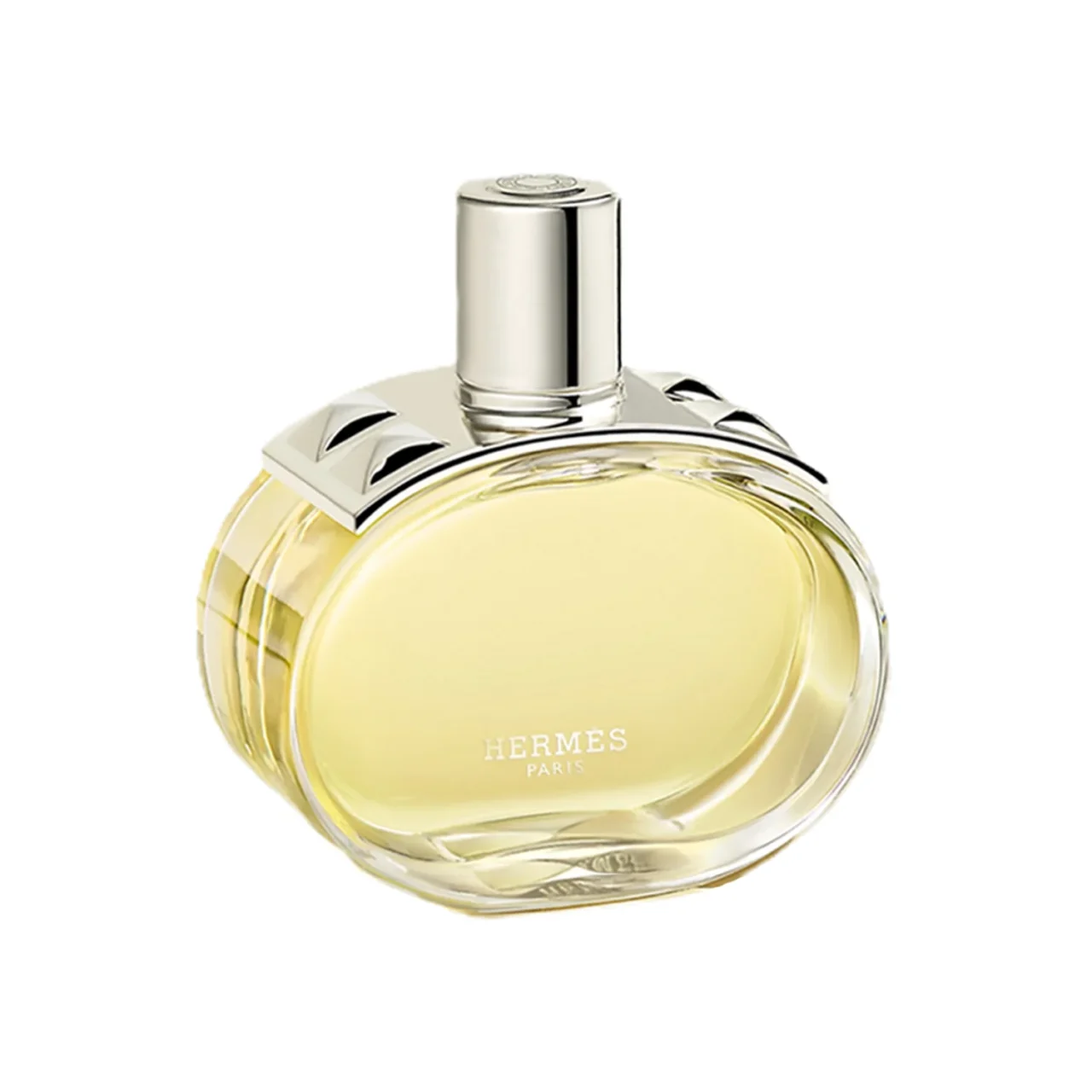 Round glass perfume bottle with pale yellow liquid and a chrome cap, labeled Hermes Paris on the front