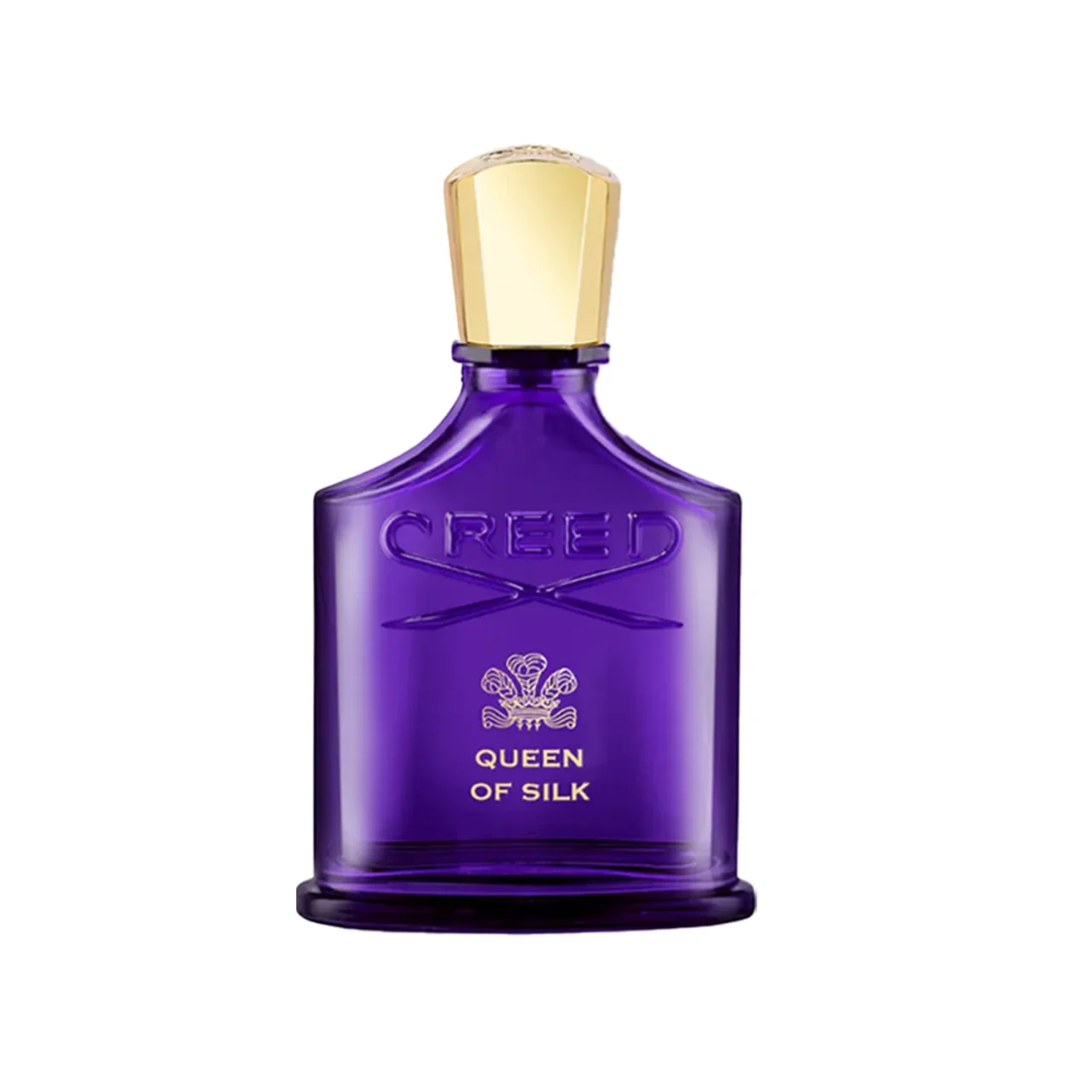 Purple perfume bottle with a gold cap, embossed CREED and 'QUEEN OF SILK' text visible.