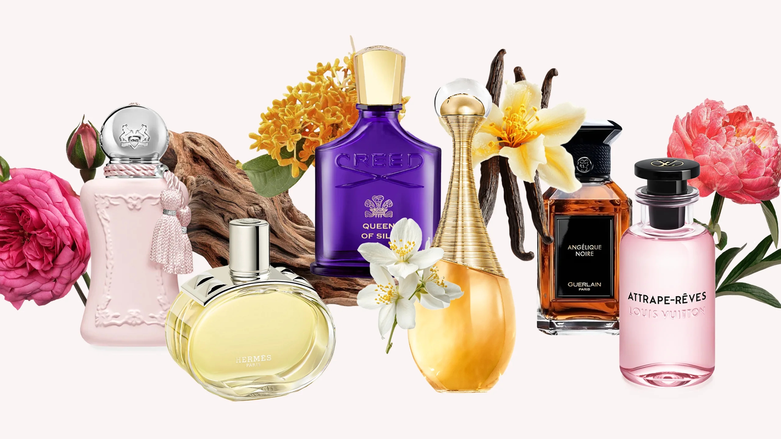 Assorted perfume bottles with colorful flowers arranged in a luxurious fragrance collage