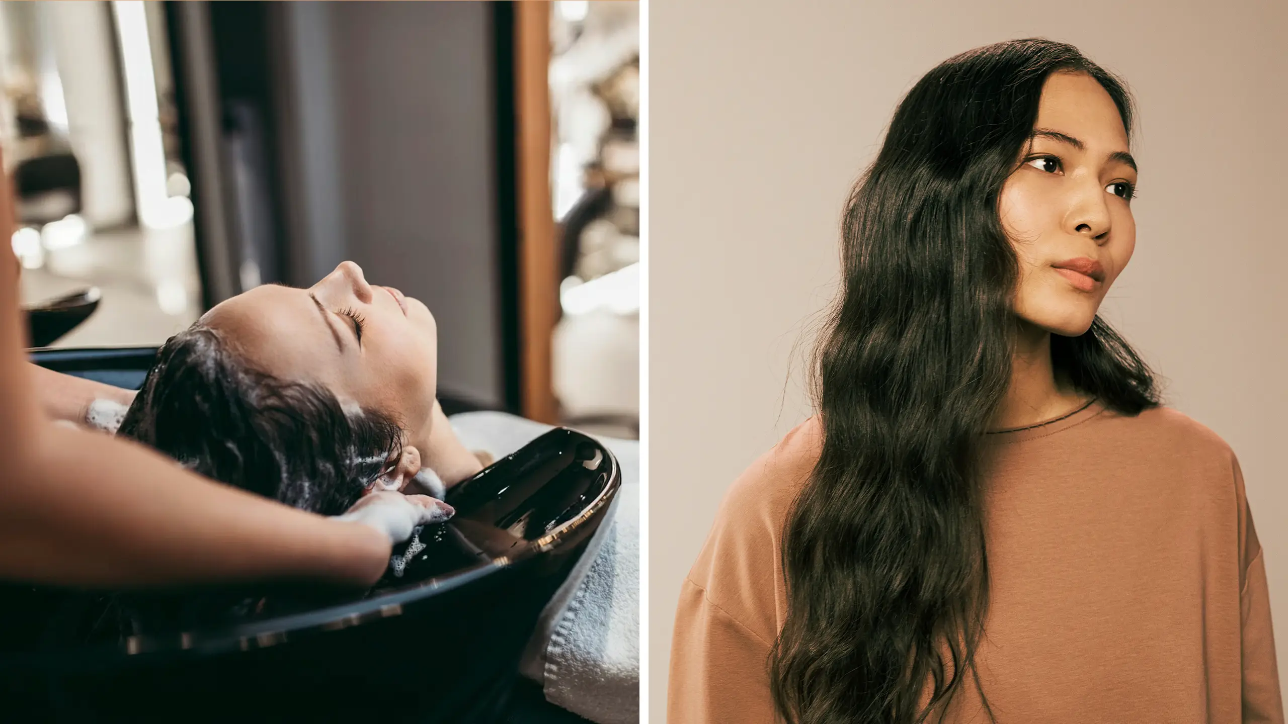 Left: client getting a hair wash in a salon sink; right: woman with long wavy black hair, looking to the side.