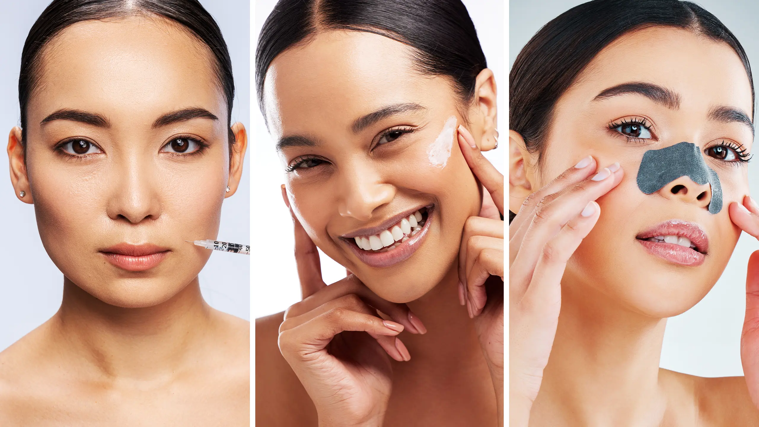 Triptych of a woman in a skincare sequence: left panel a syringe near her mouth, middle panel applying cream and smiling, right panel wearing a charcoal nose strip.