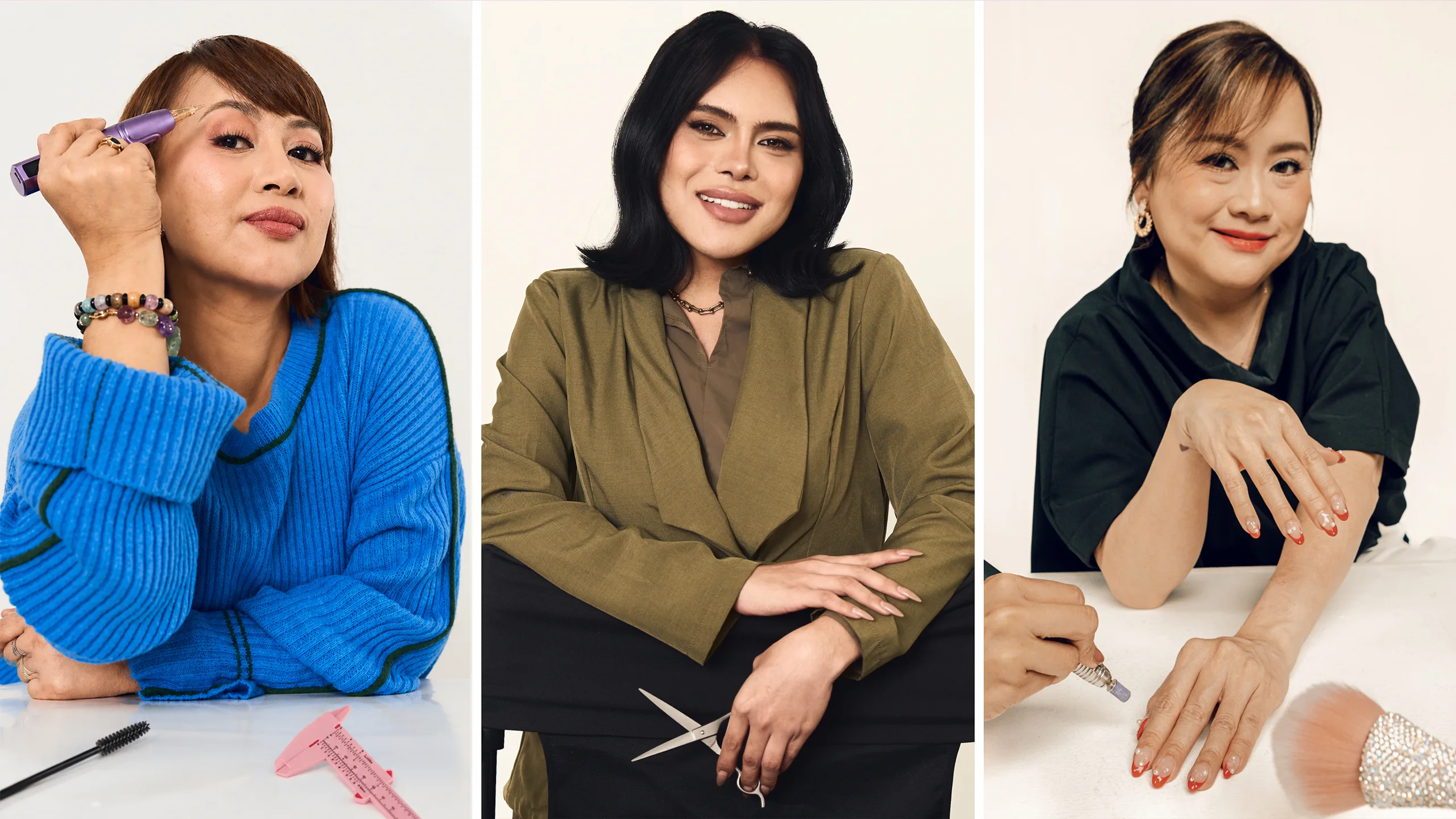 Three women pose in a triptych collage: left applying makeup, center smiling in an olive blazer, right showing red manicured nails with tools nearby.
