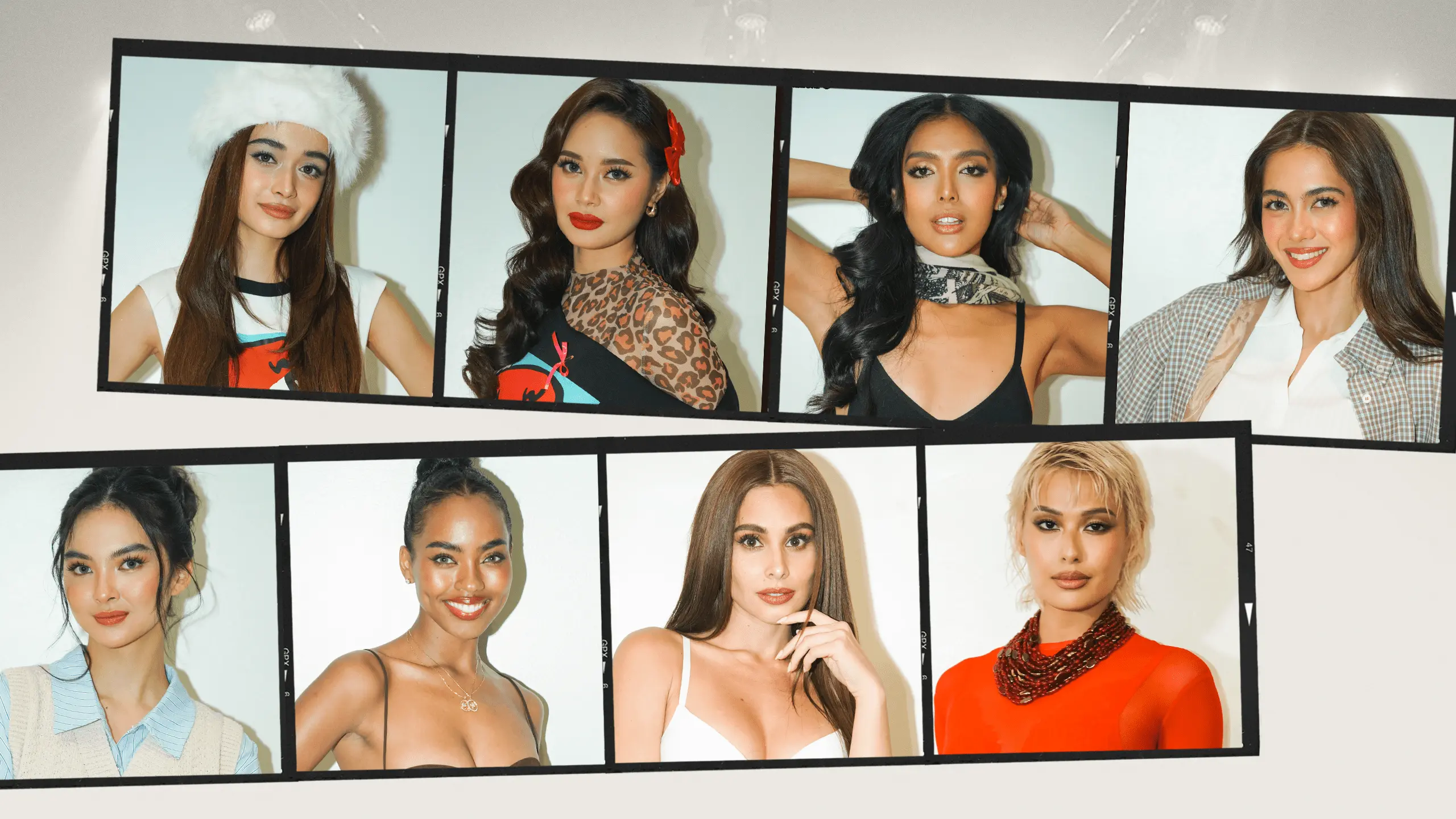 Collage of multiple fashion model portraits in stylish outfits arranged like a photo strip.