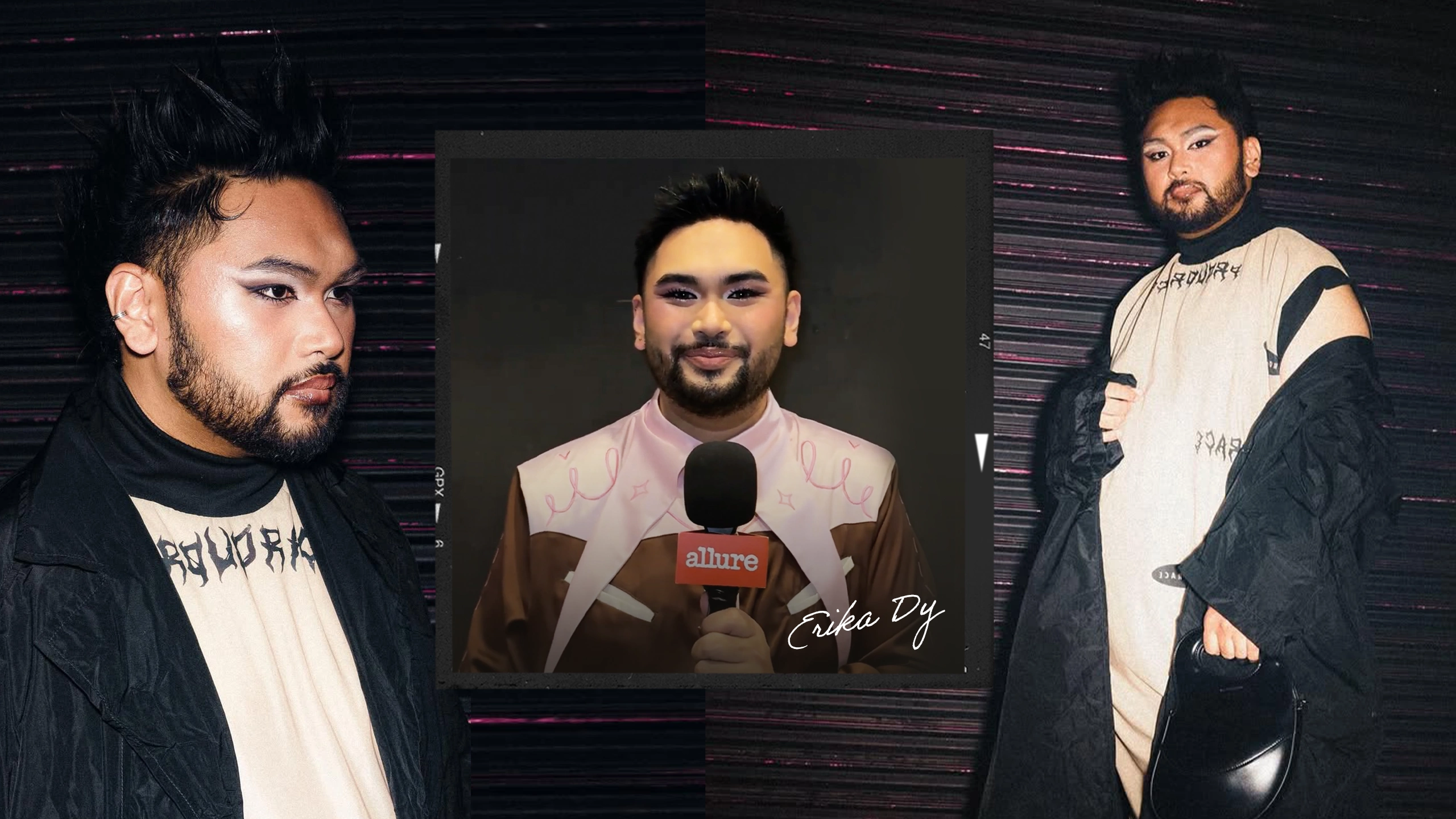Three people posing against a dark striped backdrop; a center inset shows a smiling interviewer with pink makeup holding a microphone labeled 'Allure'.