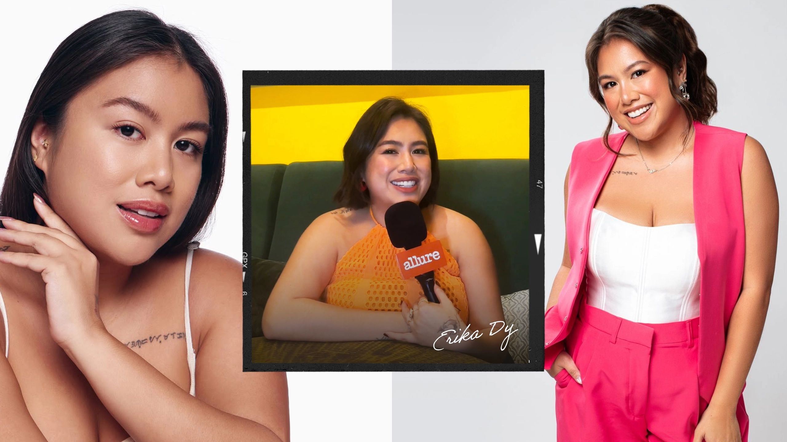 Collage of three women: left close-up portrait, center smiling woman being interviewed with an orange Allure microphone, right model in a bright pink suit.