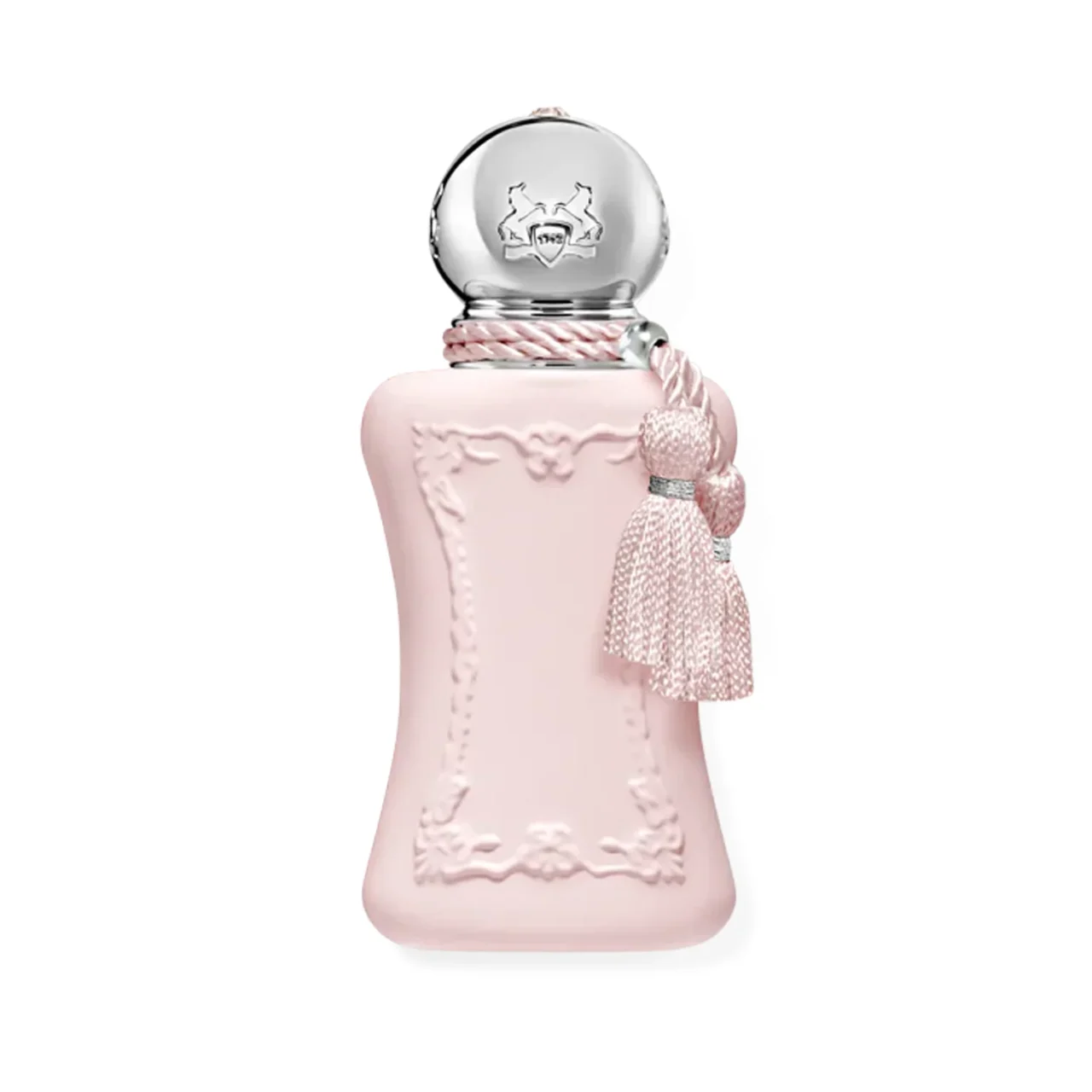 Pink ornate perfume bottle with a silver round cap and pink tassel hanging from the neck