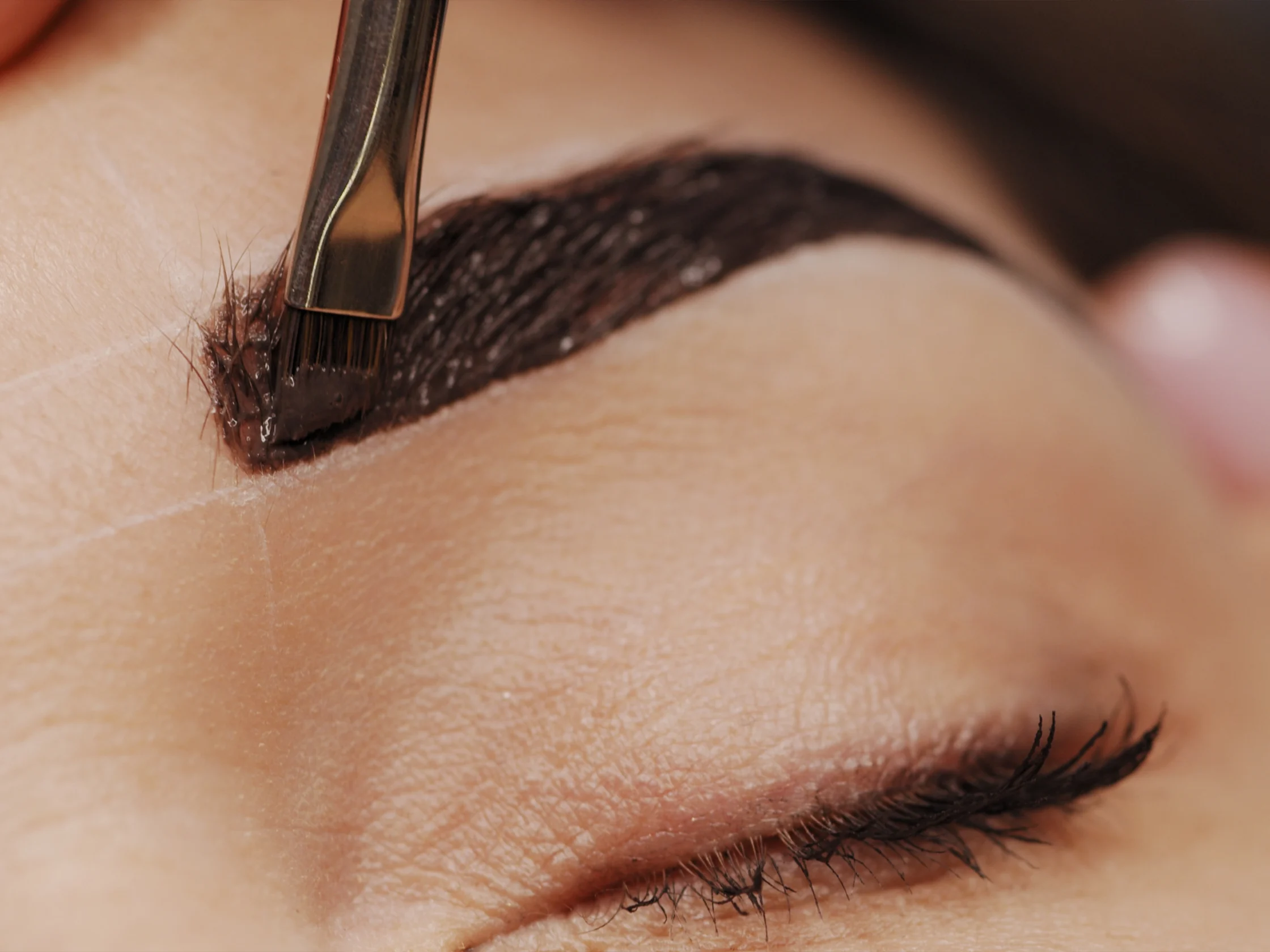 Close-up of a makeup brush applying dark eyebrow pigment to the eyebrow.