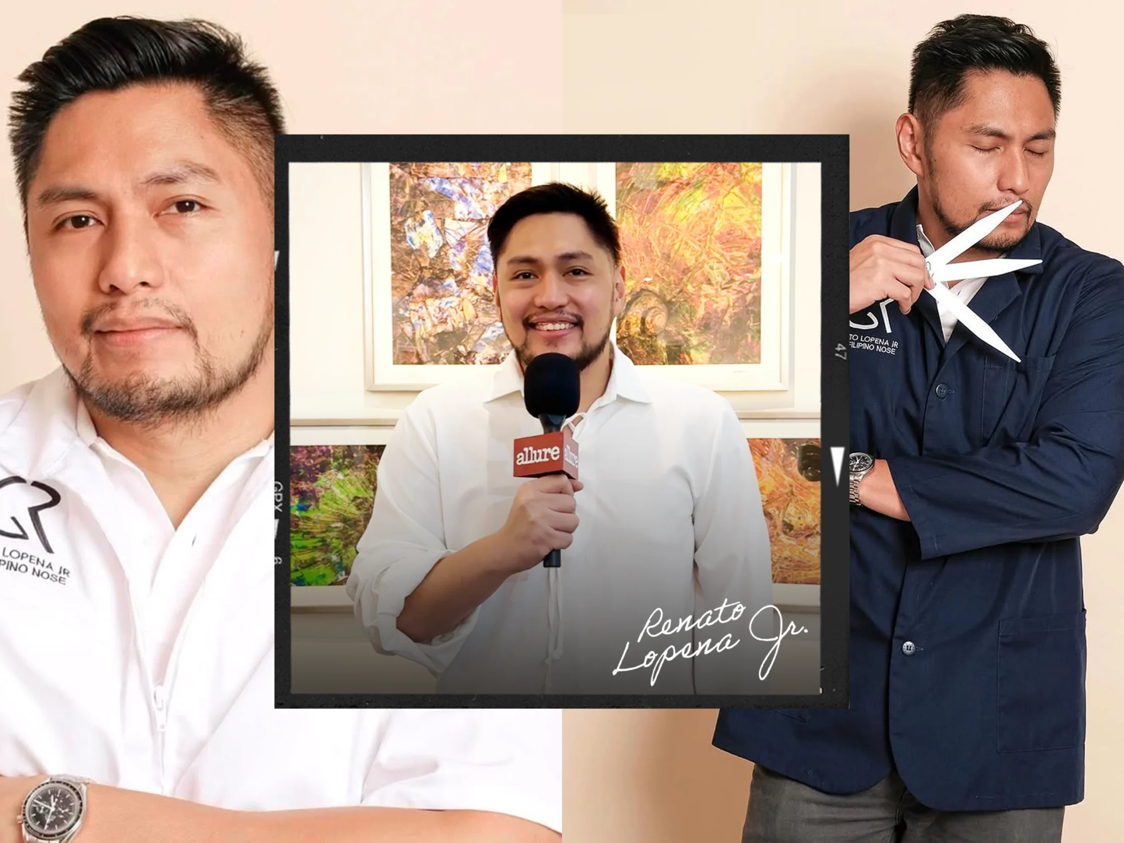 Collage of three men: left close-up in white shirt, center man with a microphone in front of colorful art, right man in a dark suit posing with large scissors