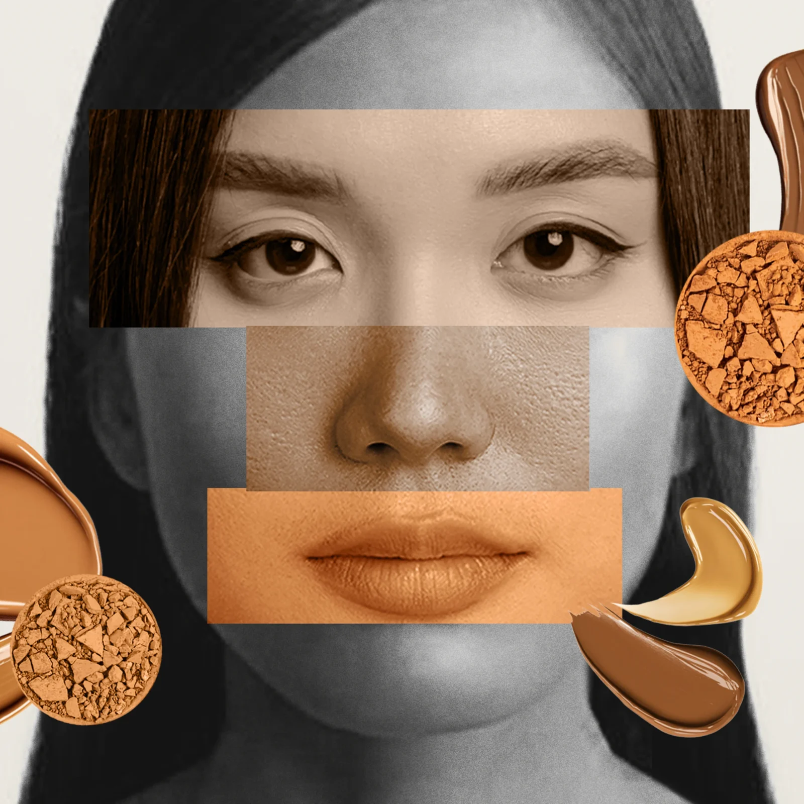 Collage portrait showing facial features with overlapping skin-tone swatches and makeup textures around the face.