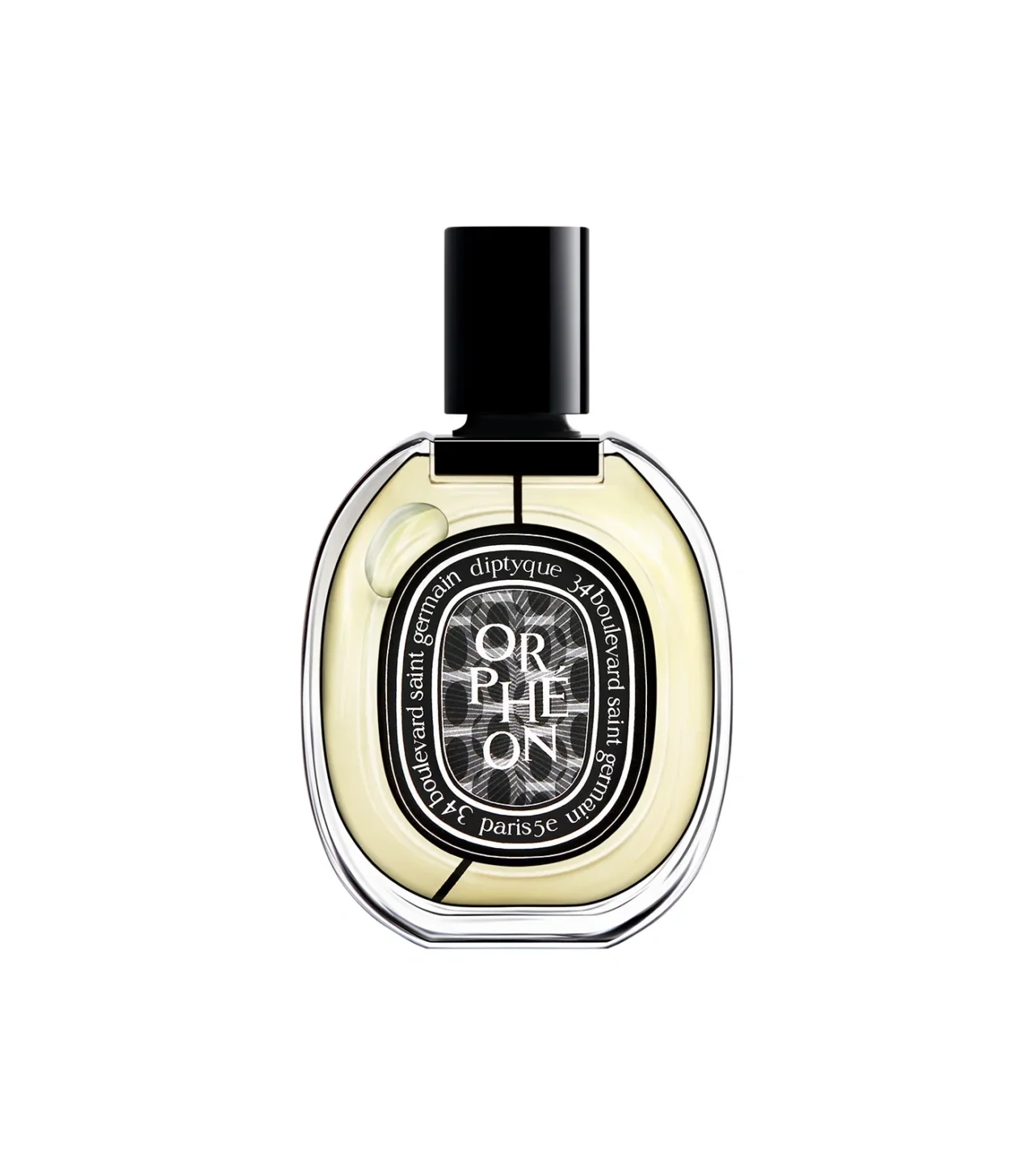 Oval glass perfume bottle with a tall black cap, pale yellow liquid, and a circular label reading ORPHEON.