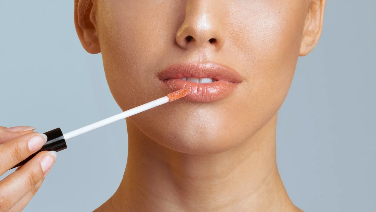 Close-up of a woman's lips being glossed with an orange lip gloss applicator.
