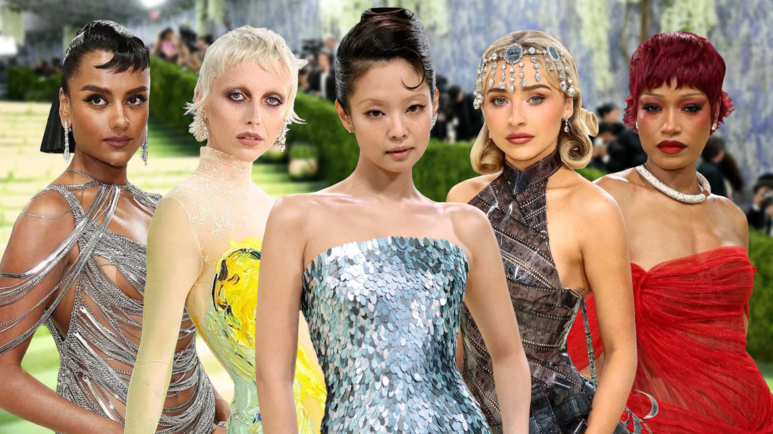 Group of six fashion models wearing metallic and sequined gowns posing outdoors at a garden show.