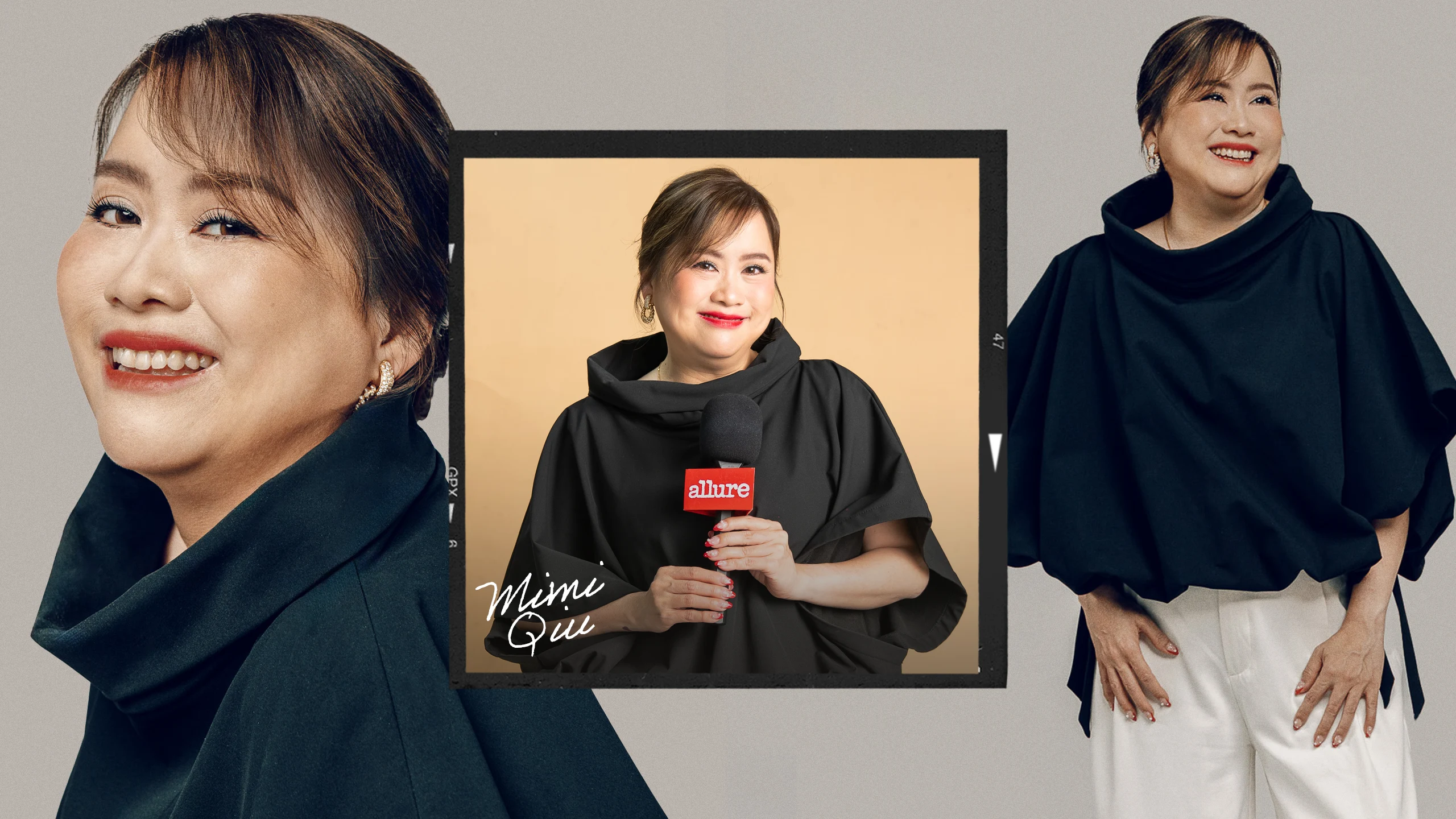 Three-panel photo collage of a smiling woman in a black outfit, with a center framed portrait holding a red microphone labeled 'allure'.