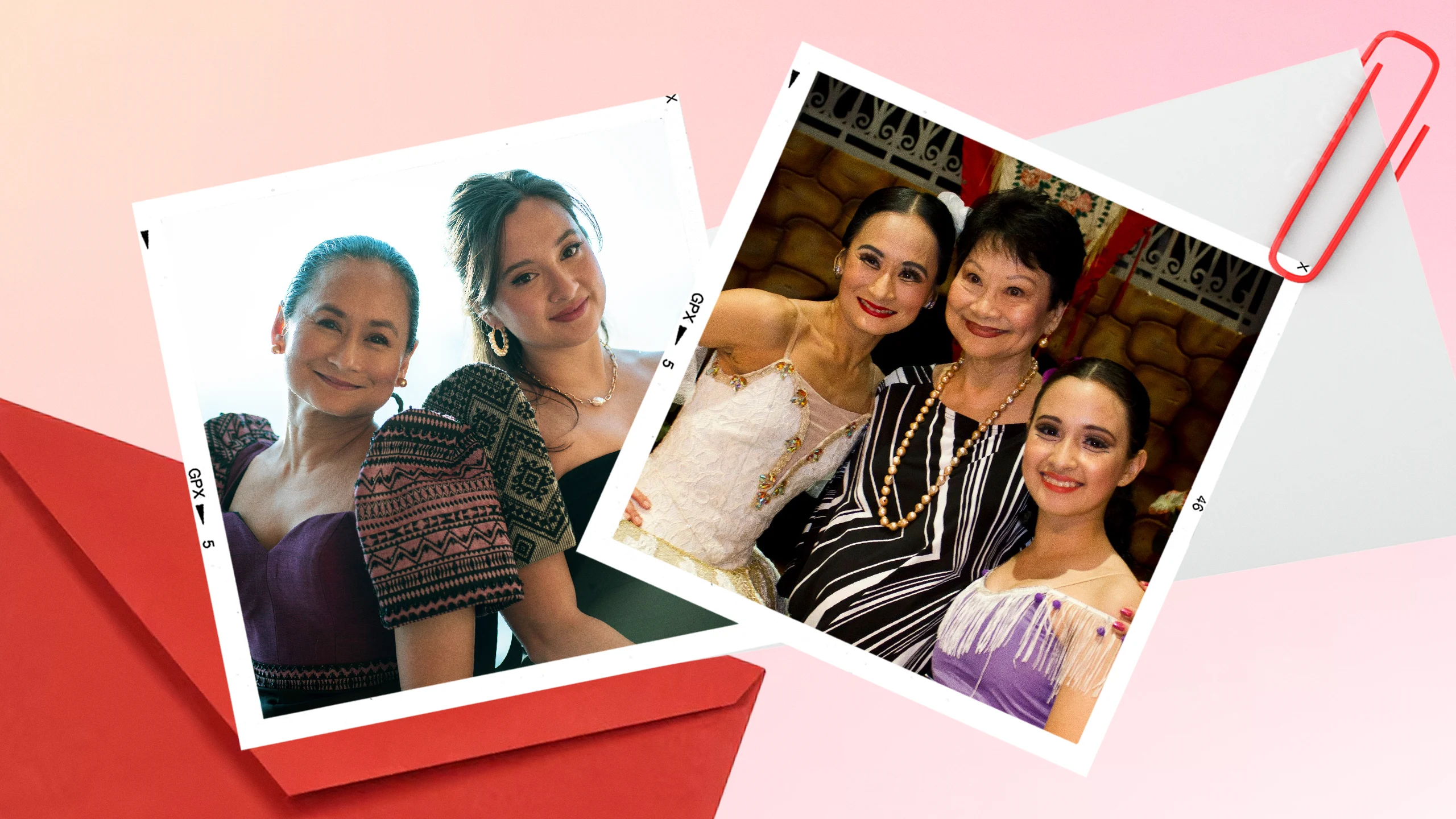 Collage of women posing for photos at a celebration, shown as Polaroid-style frames on a pastel pink background with a red envelope prop