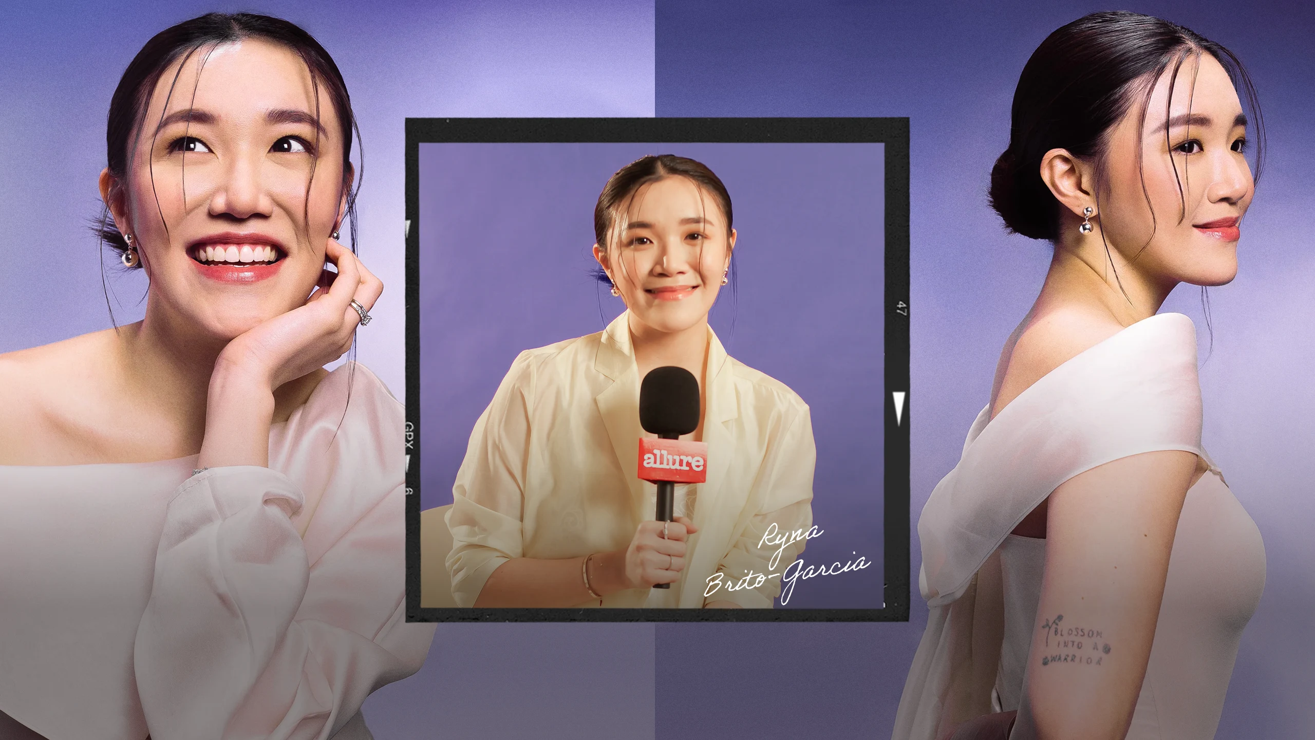 Smiling woman in cream blazer holding a microphone, framed by a camera-style border on a purple backdrop. central portrait borders suggest an interview setting.