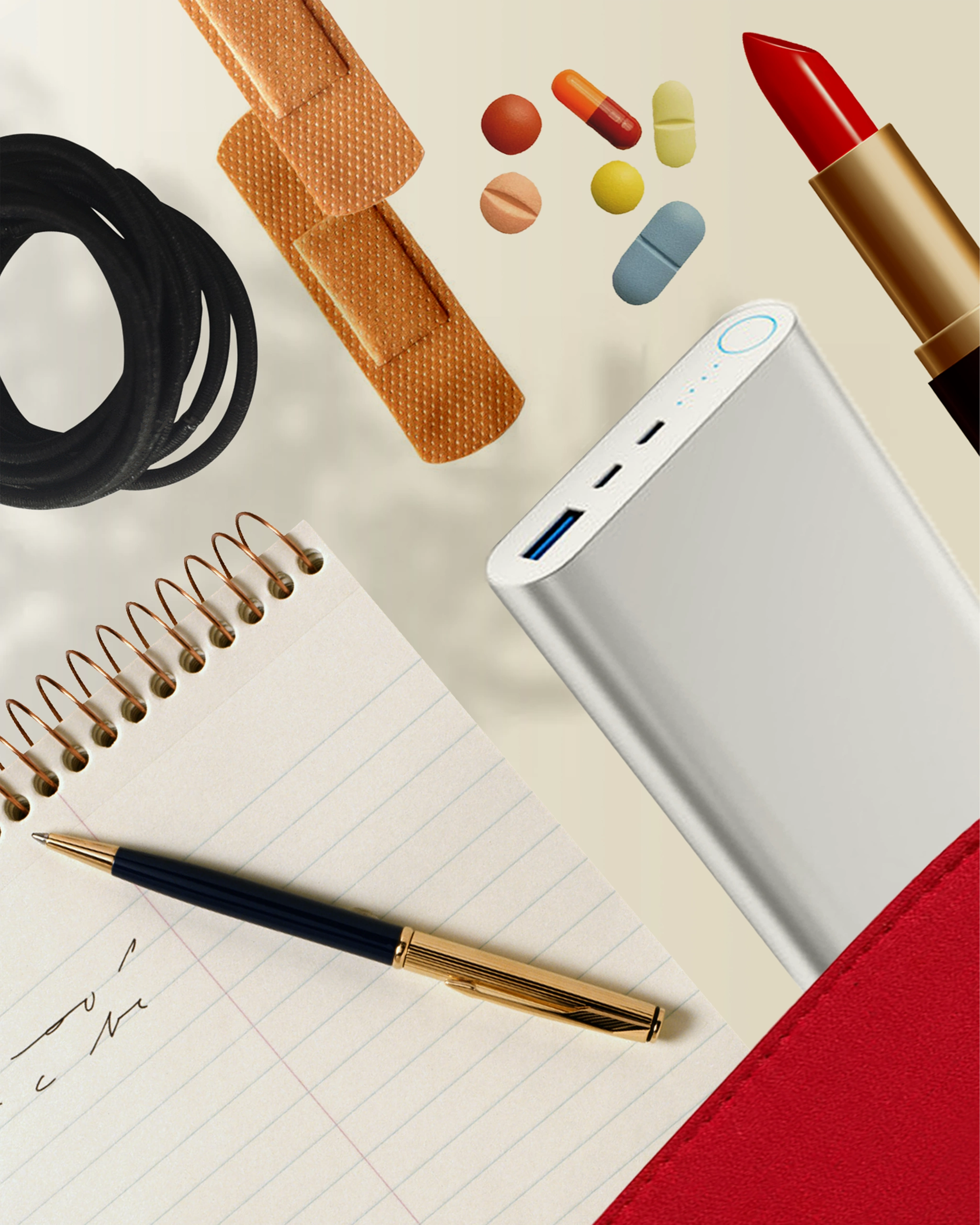Notebook with spiral binding, gold fountain pen, a coiled black cable, assorted pills, red lipstick, and a silver power bank on a beige background.