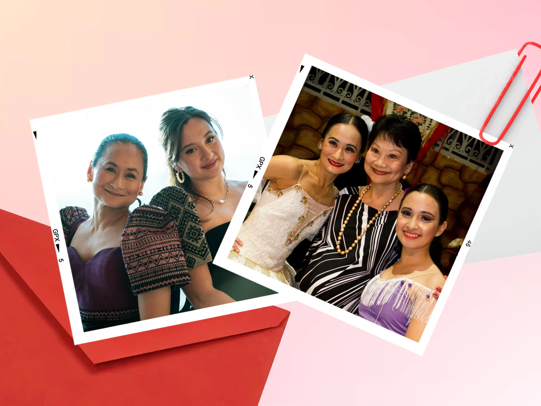 A collage of Polaroid photos showing smiling women in colorful dresses posing for selfies on a pink background with red envelopes and a red clip nearby. The photo frames overlap to create a festive collage look.