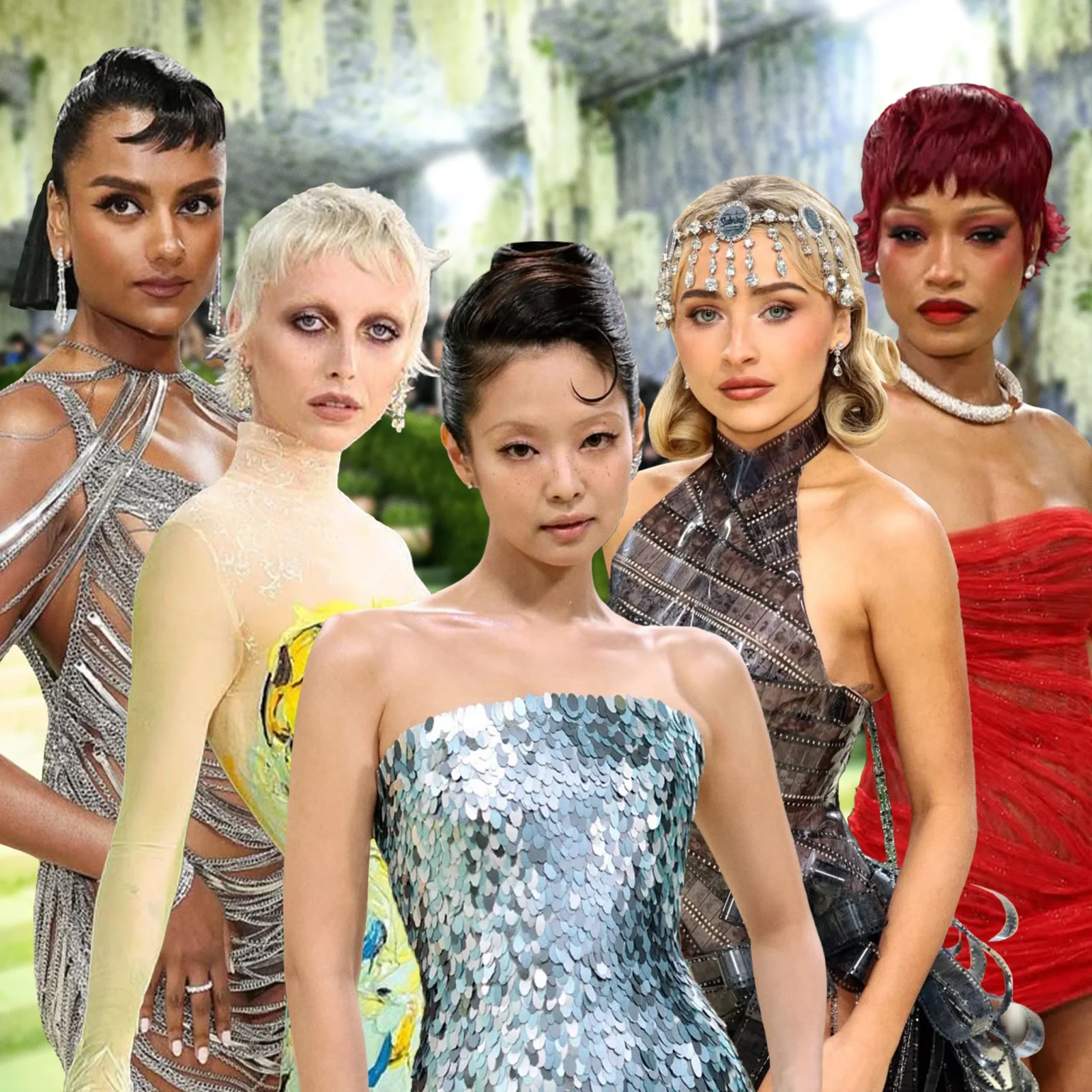 Group of diverse women wearing metallic and sequined dresses posing at a fashion show.
