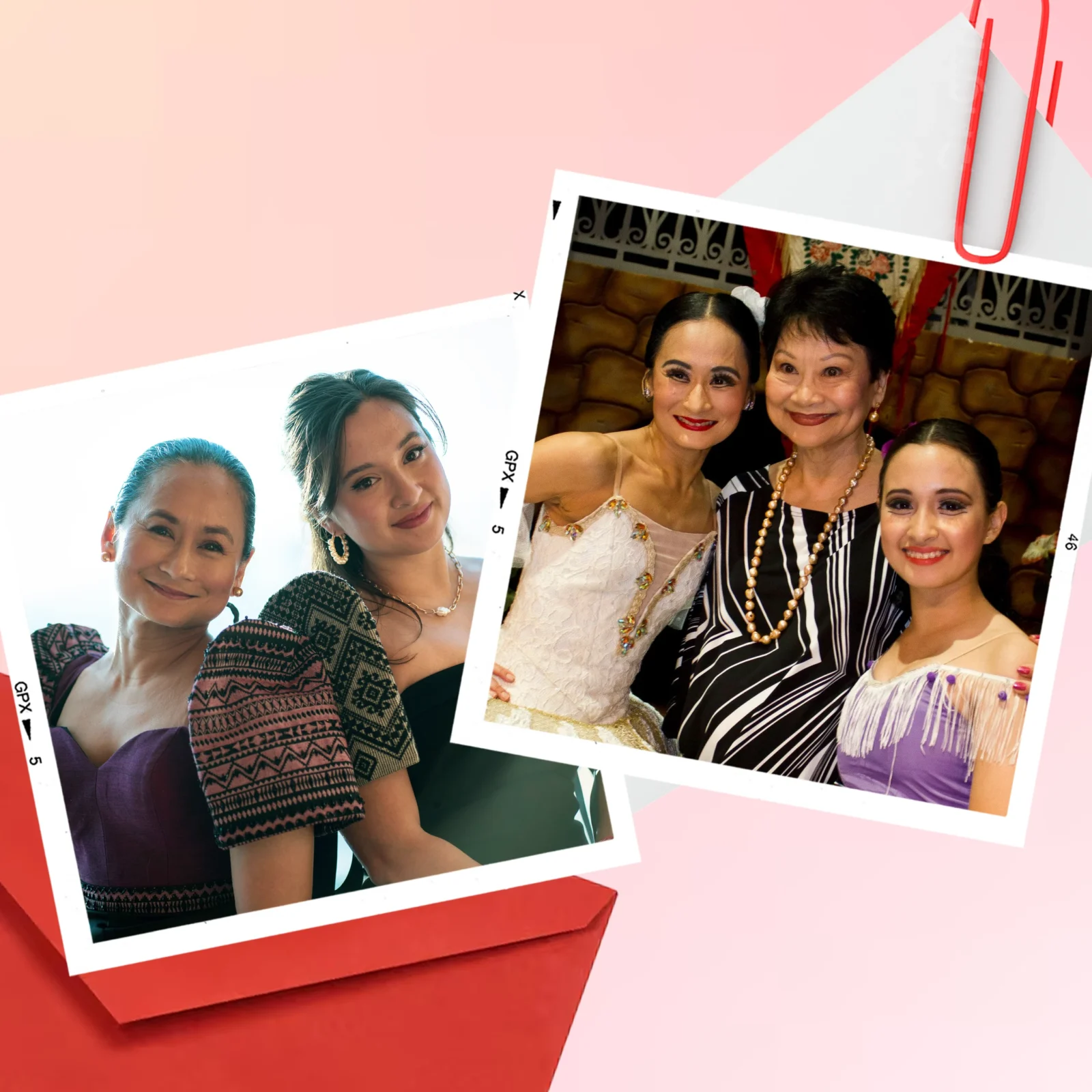 Collage of smiling women posing for photos in white-bordered prints on a pink background, with a red gift box in the corner.