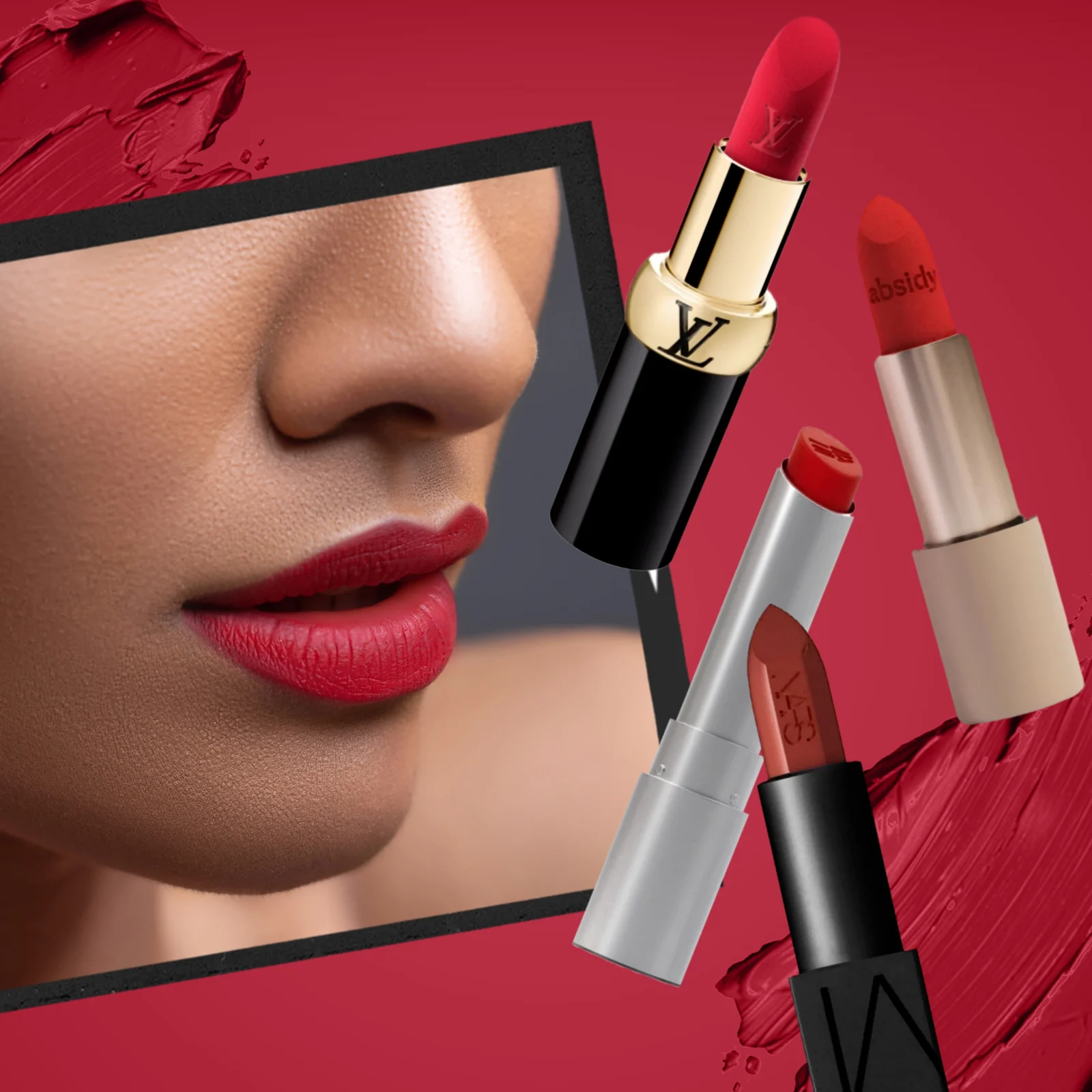 Close-up of a woman's lips wearing red lipstick, with several lipstick tubes on a red background.