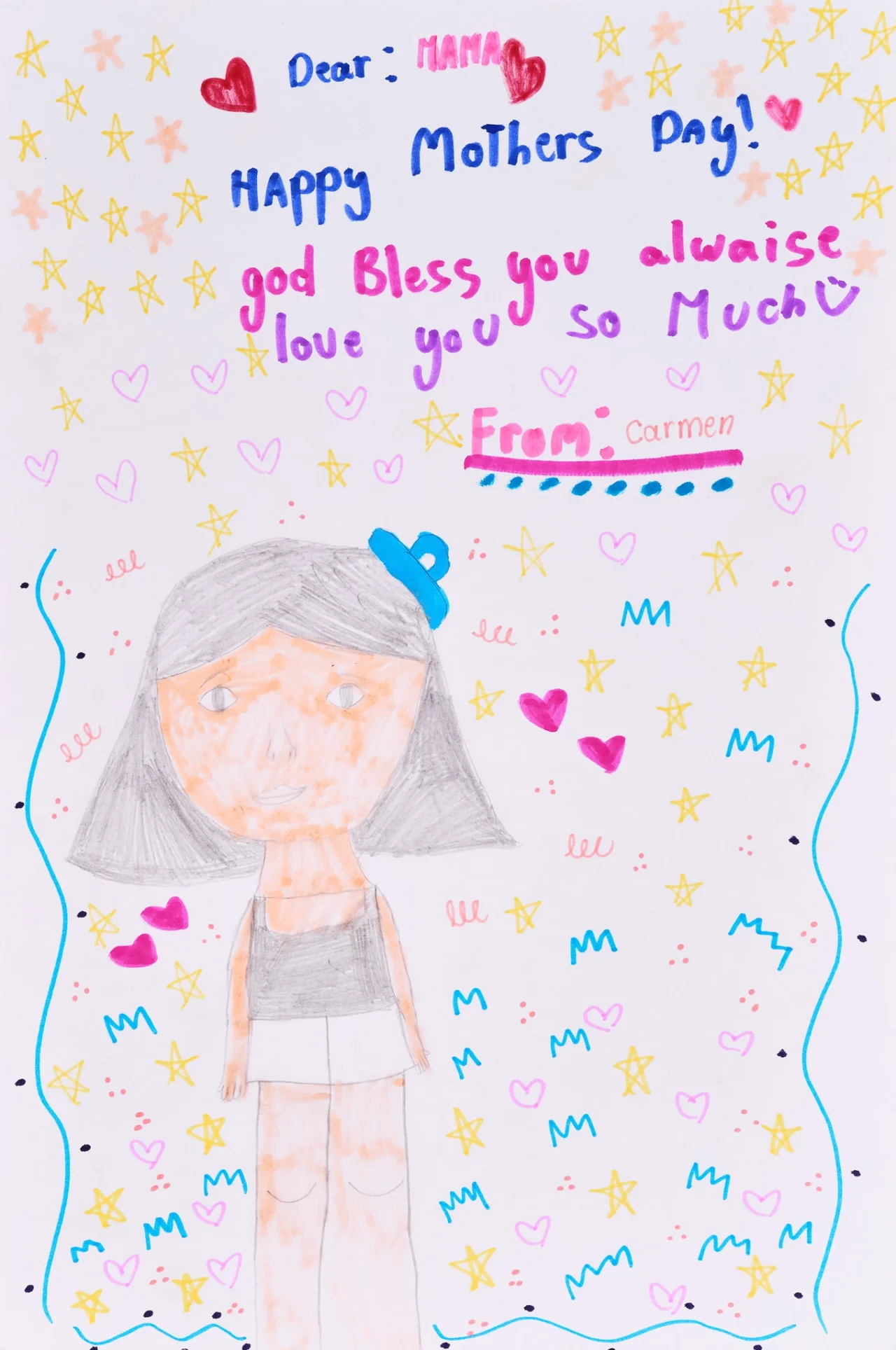 Child's drawing of a girl with a blue bow, surrounded by stars and hearts, with a Mother's Day message from Carmen.