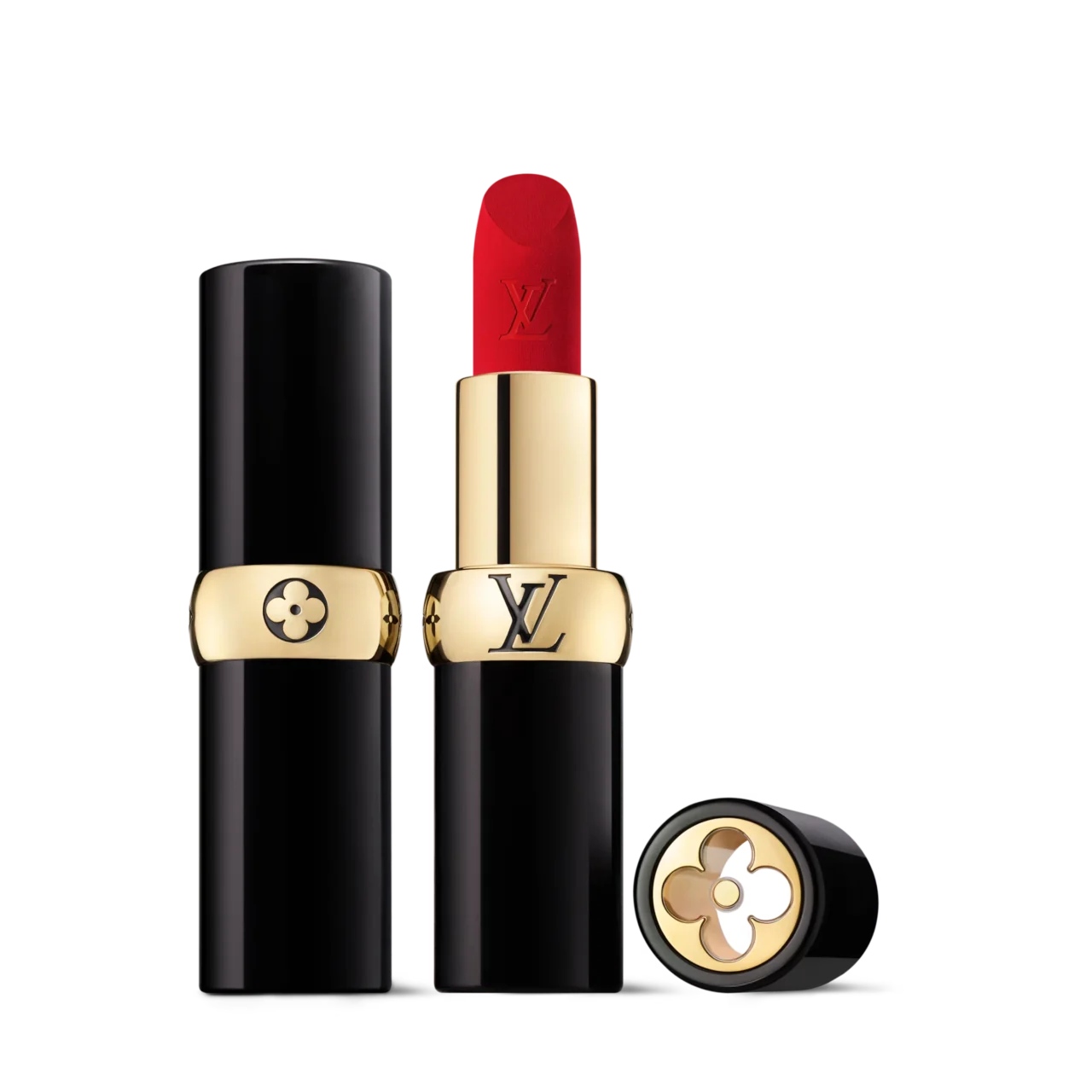 Two luxury lipstick tubes (black and gold) with LV monogram visible; red lipstick extended upward, and a round cap with LV flower icon nearby.