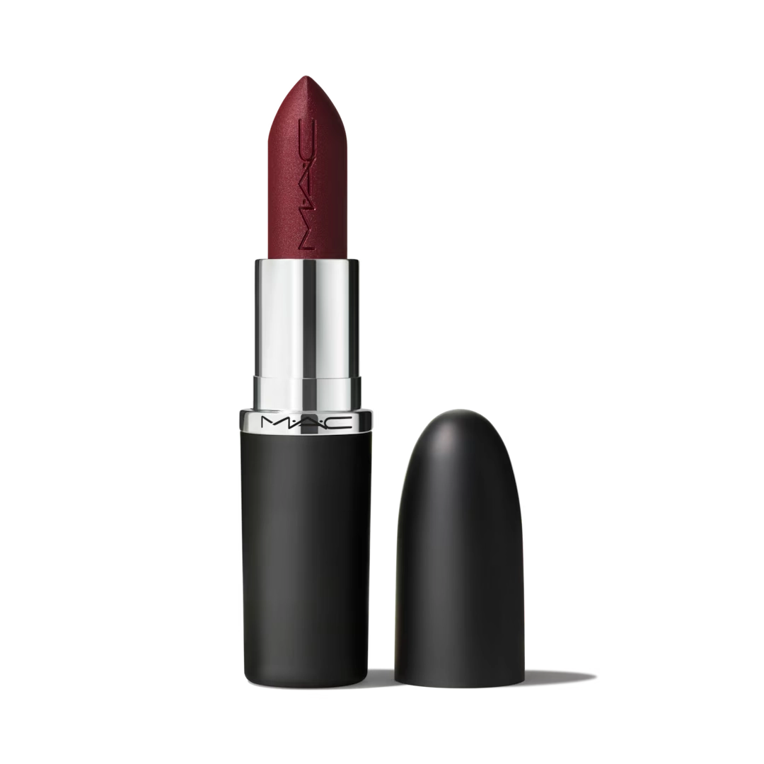 MAC lipstick in a deep burgundy shade with the cap set aside, showing the black and silver case.