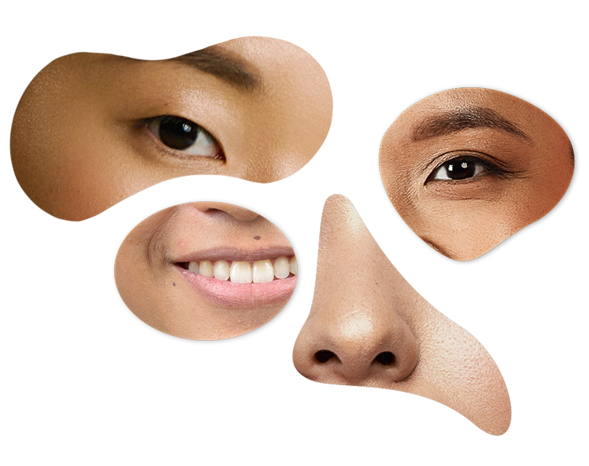 Abstract collage of facial features (eye, nose, mouth) cut into irregular shapes on a white background.