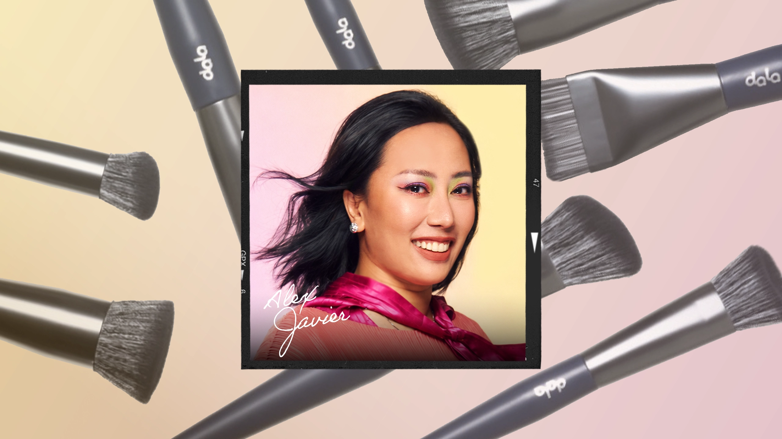 Polaroid-style portrait of a smiling woman with colorful makeup, surrounded by makeup brushes on a pastel gradient background; signature reads Alex Javier.