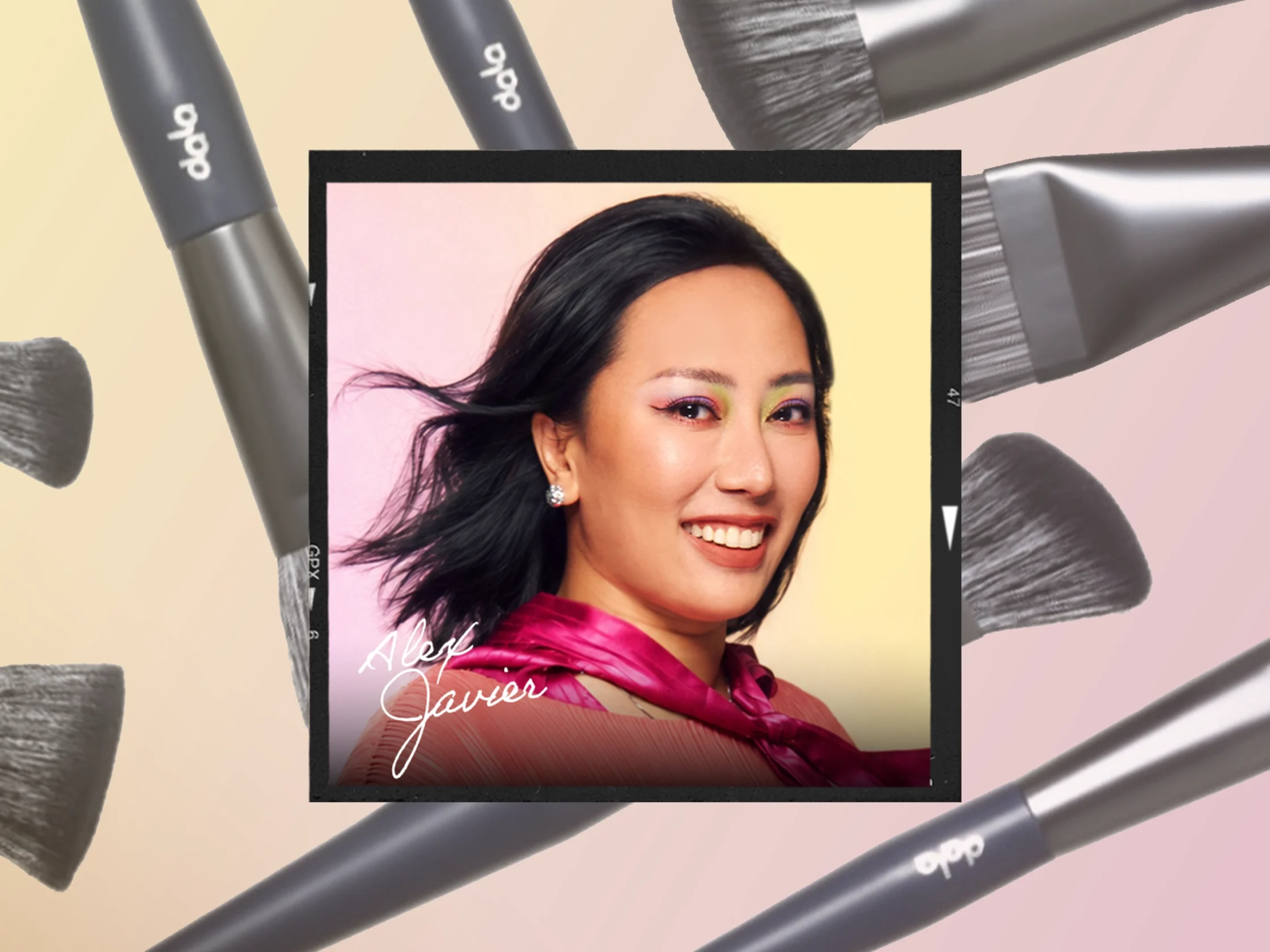 Smiling woman portrait in a Polaroid-style frame surrounded by makeup brushes on a pastel gradient background