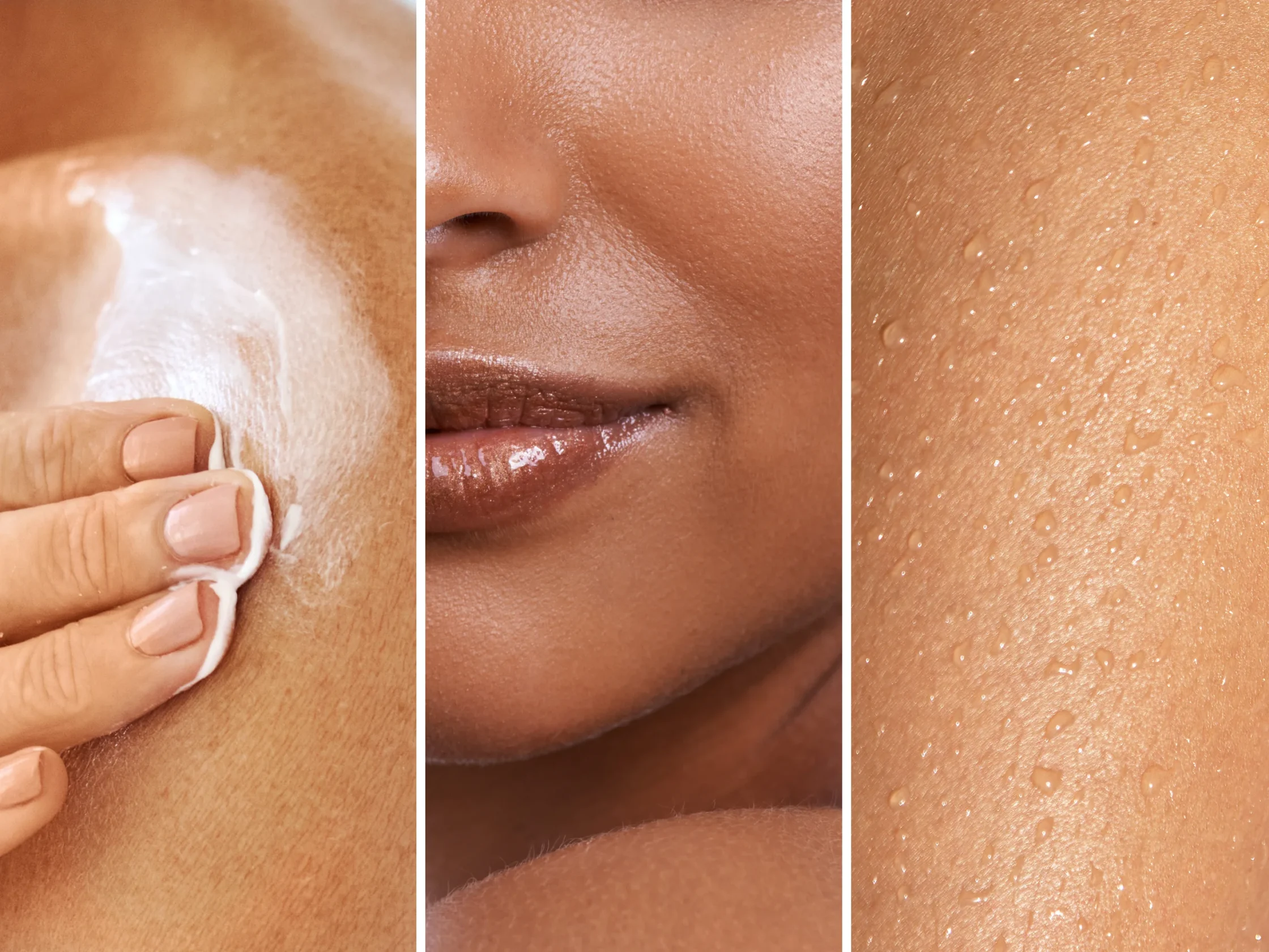 Close-up collage of facial skin during cleansing: cleanser being wiped off the cheek, then a smooth nose and lips, and finally water droplets on skin.