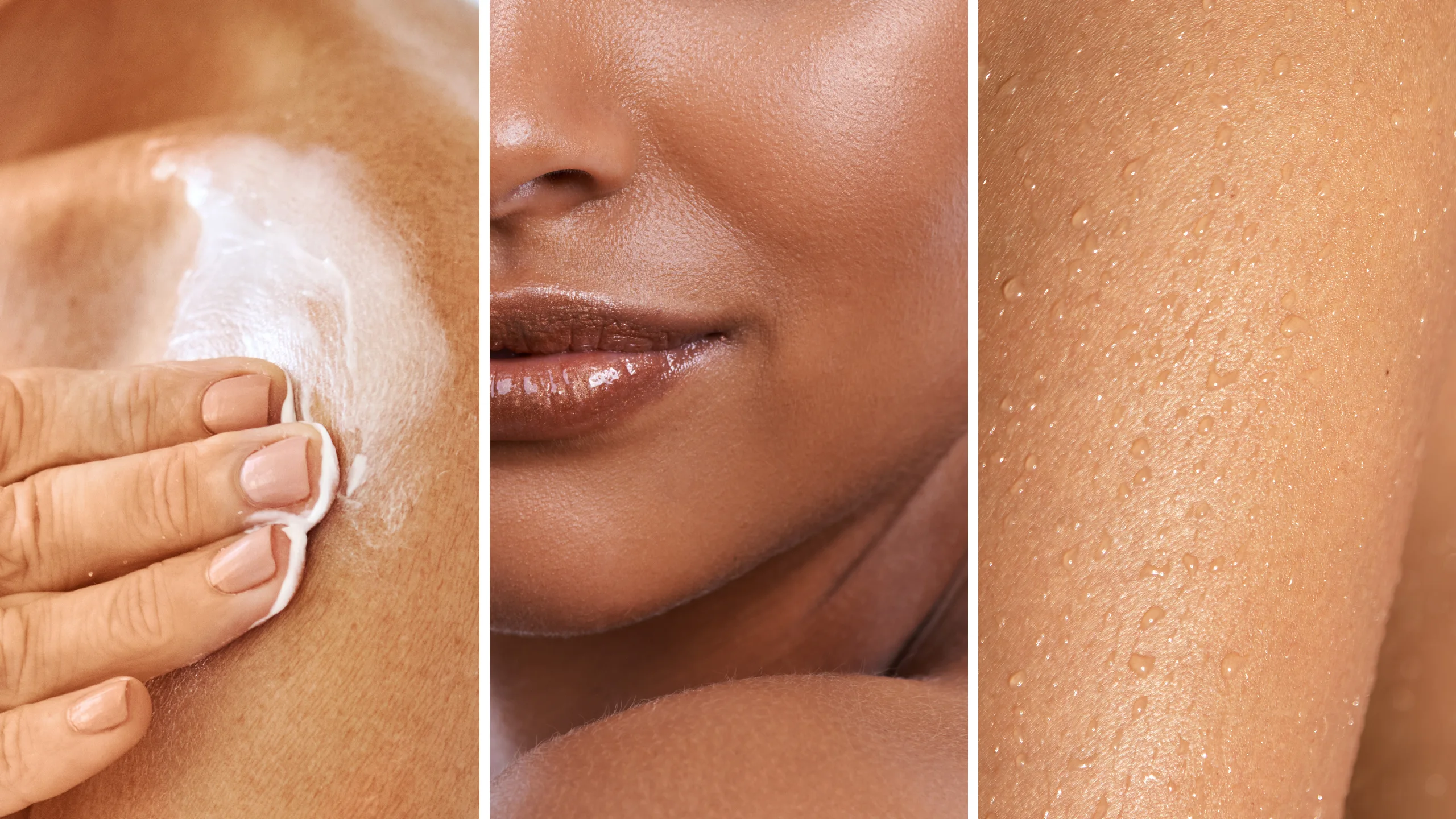 Three-panel collage showing skincare: someone applying moisturizer to the neck/face, a close-up of the nose and lips, and skin with water droplets indicating hydration and dewiness.