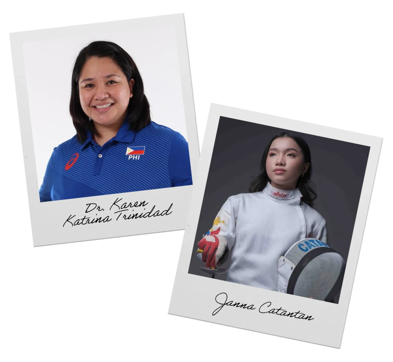Two tilted photo cards: left shows a smiling woman in a blue shirt with a Philippines badge; right shows a woman in white fencing gear.