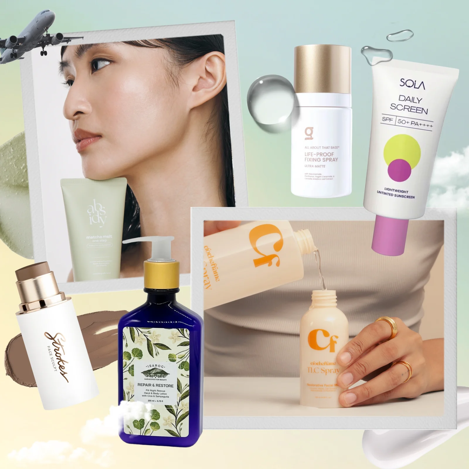 Profile of a woman's face surrounded by skincare products and sunscreen tubes in a collage layout, conveying beauty routine context.