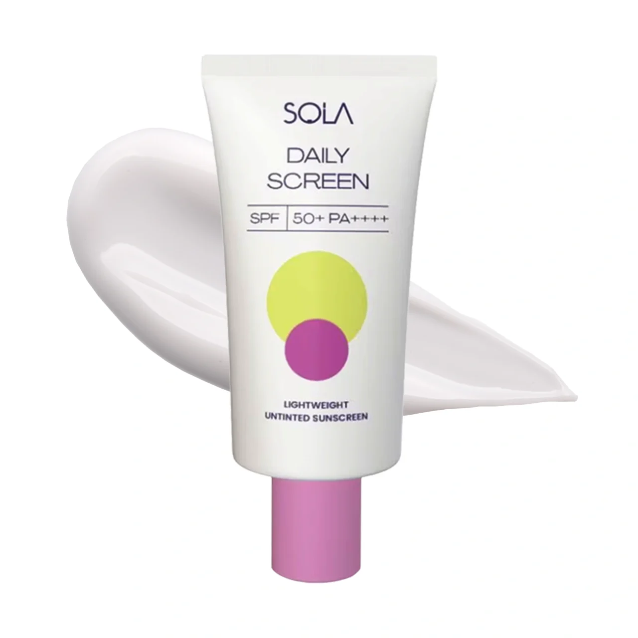 White sunscreen tube labeled 'Daily Screen' with SPF 50+ PA++++ and colorful circular dots on a white background (ad/product image).