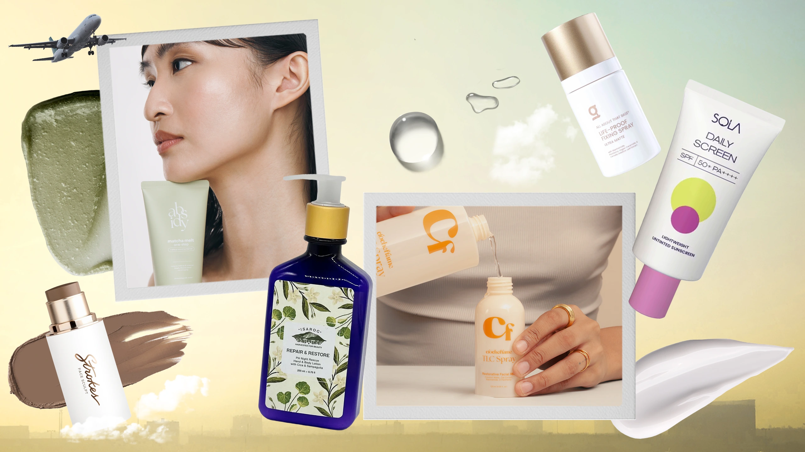 Collage of beauty products around a framed portrait of a woman, including sunscreen, serums, and lotion tubes.