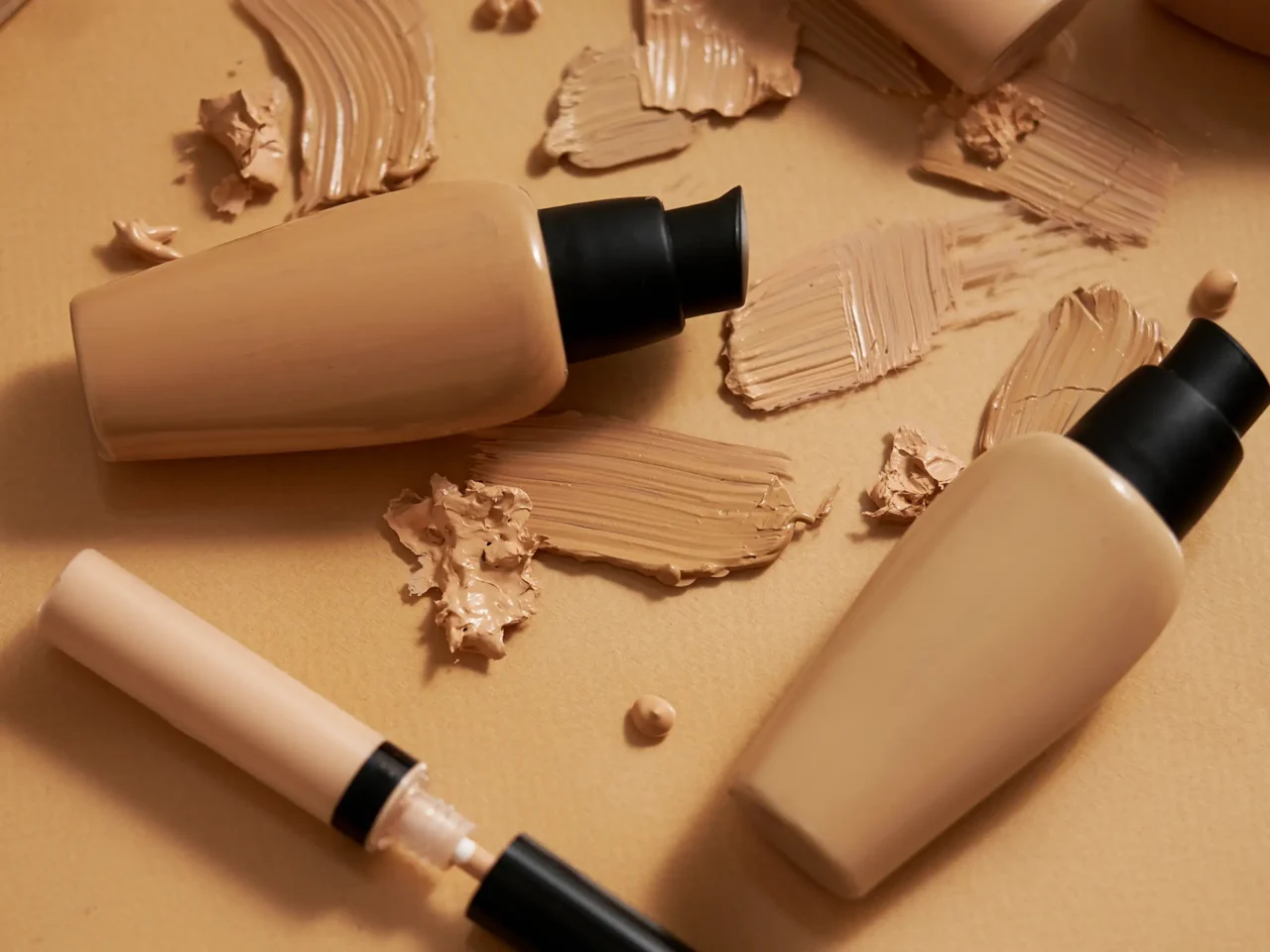 Close-up of beige foundation bottles and makeup brushes with creamy swatches on a tan surface, cosmetic tools in use