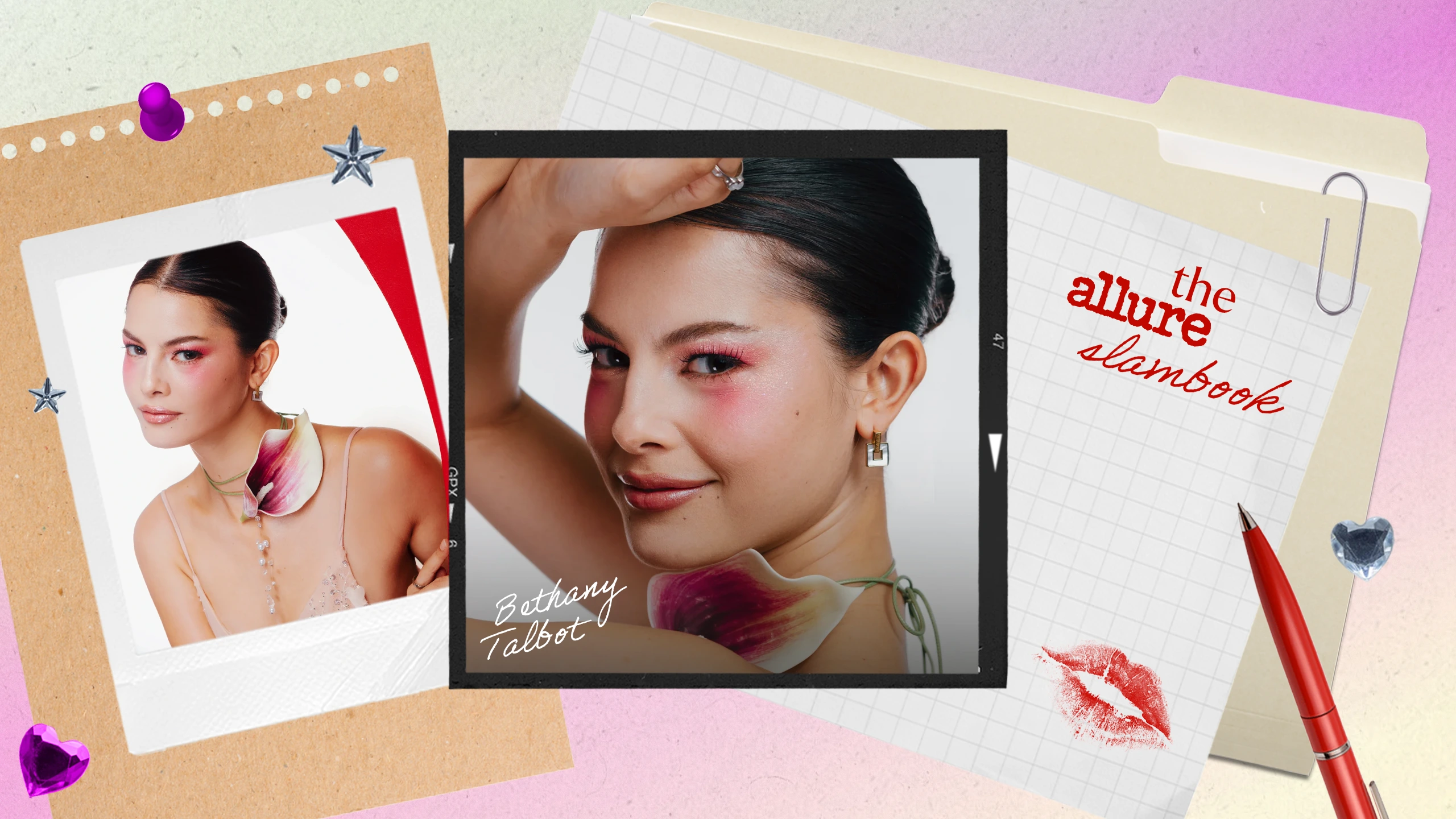 Collage of fashion photos and notebook papers with a central Polaroid-style portrait of a woman touching her hair.