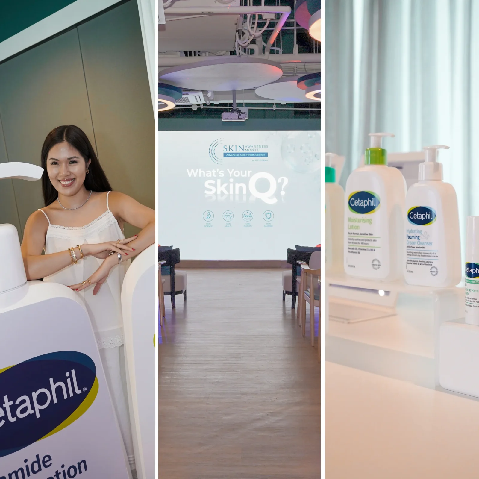 Collage showing a smiling woman in a white dress at a skincare booth, with a Cetaphil banner on the left, a display ceiling in the center, and Cetaphil bottles on the right.
