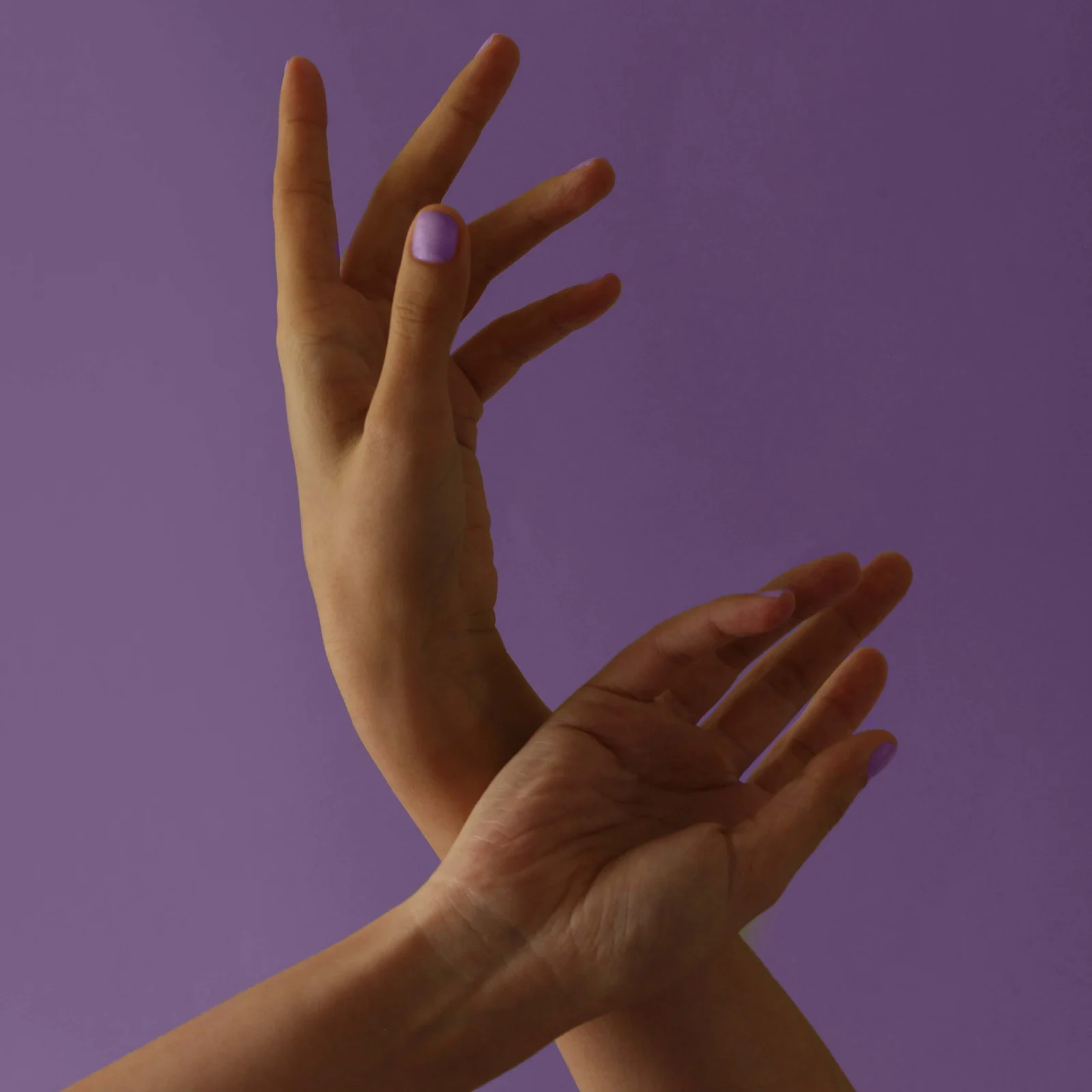 Close-up of hands with lavender nail polish against a purple background.