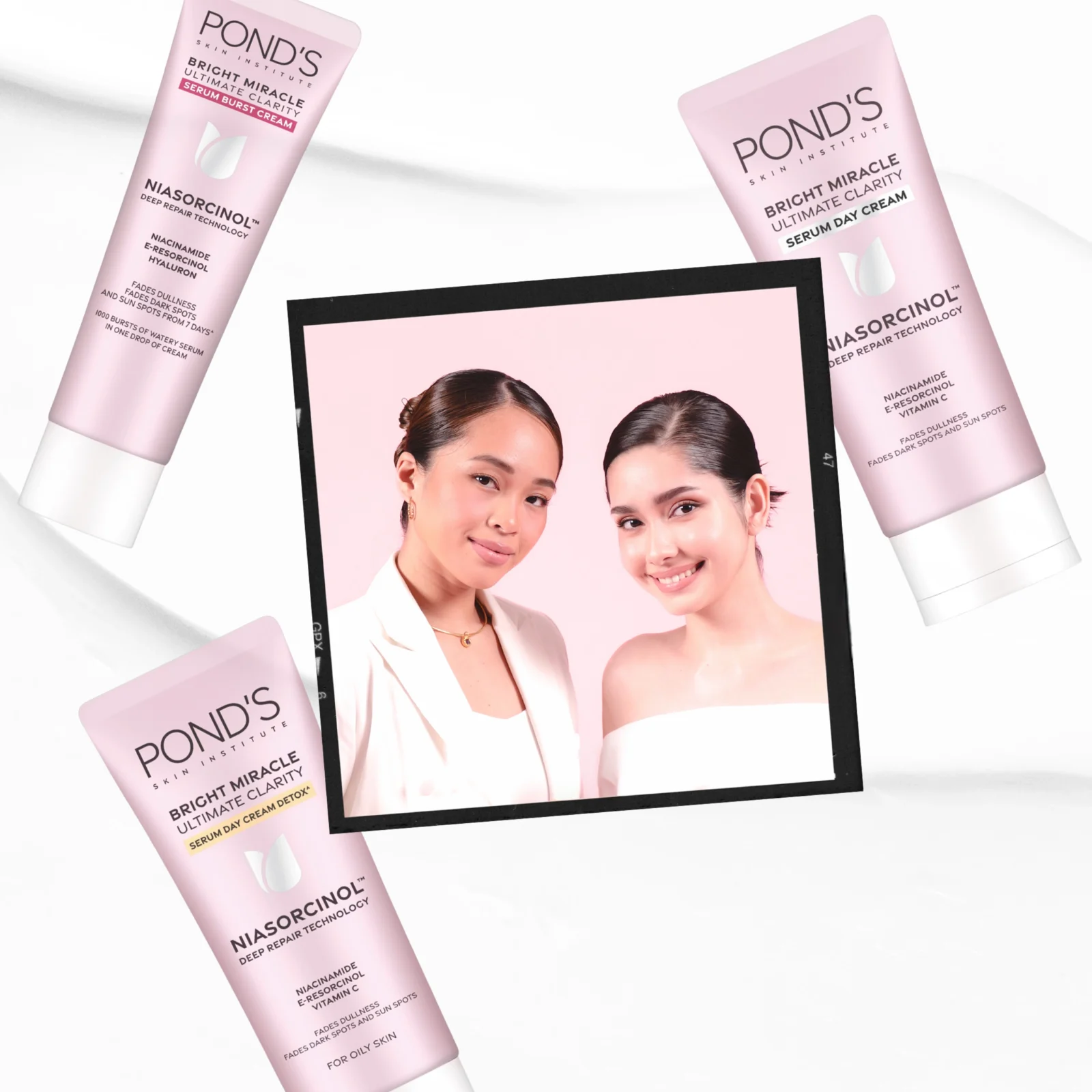 Two pink POND'S skincare tubes surround a pink-framed photo of two women, advertising Bright Miracle Ultimate Clarity Serum Day Cream.