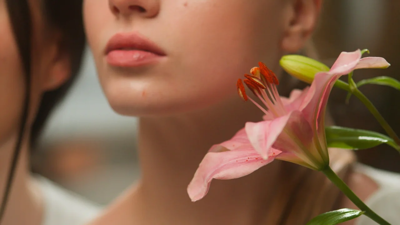 Close-up of a woman's lips with a pink lily held near her mouth.